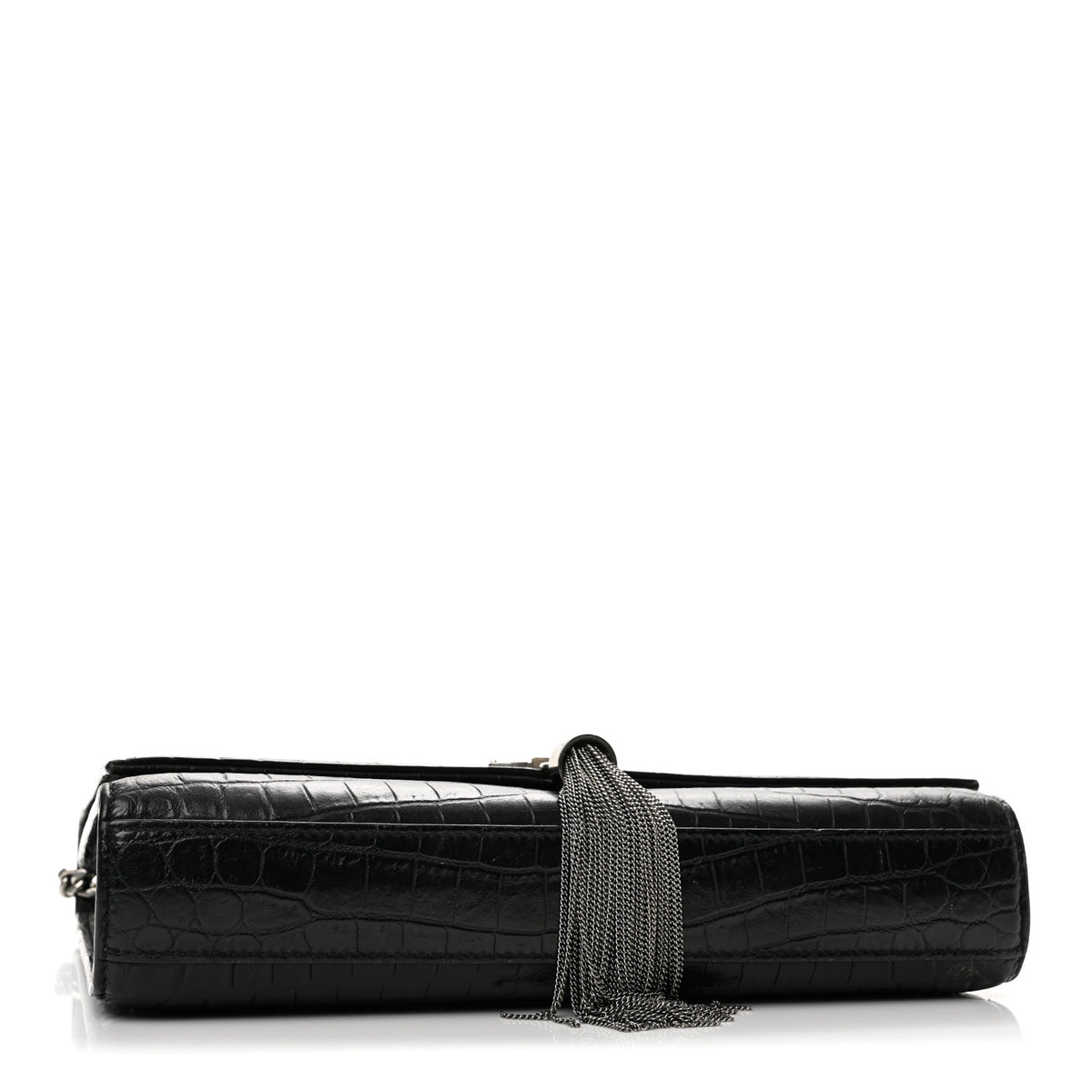 Calfskin Crocodile Embossed Medium Classic Monogram Kate Tassel Satchel Black