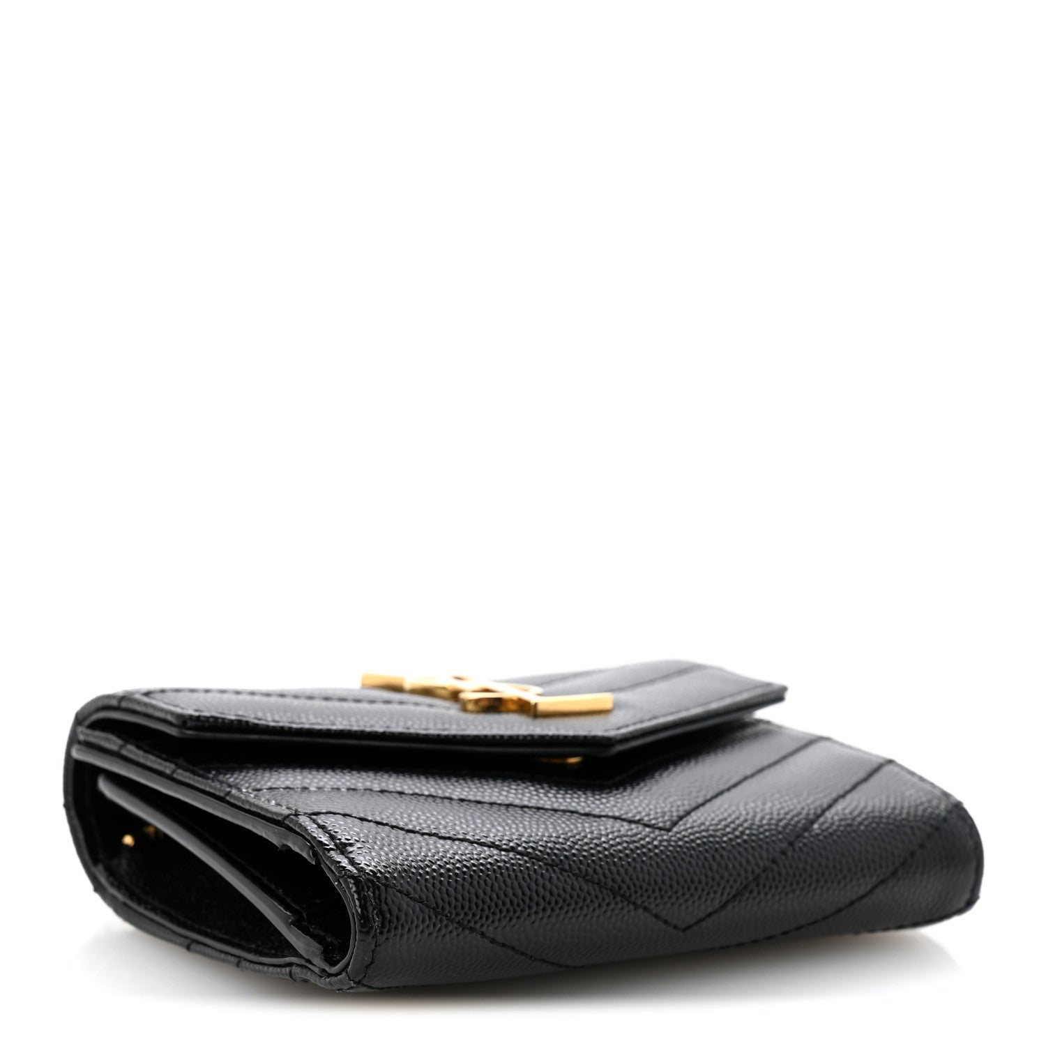 Saint Laurent Grain De Poudre Matelasse Chevron Monogram Compact Tri Fold Wallet Black 4 of 9