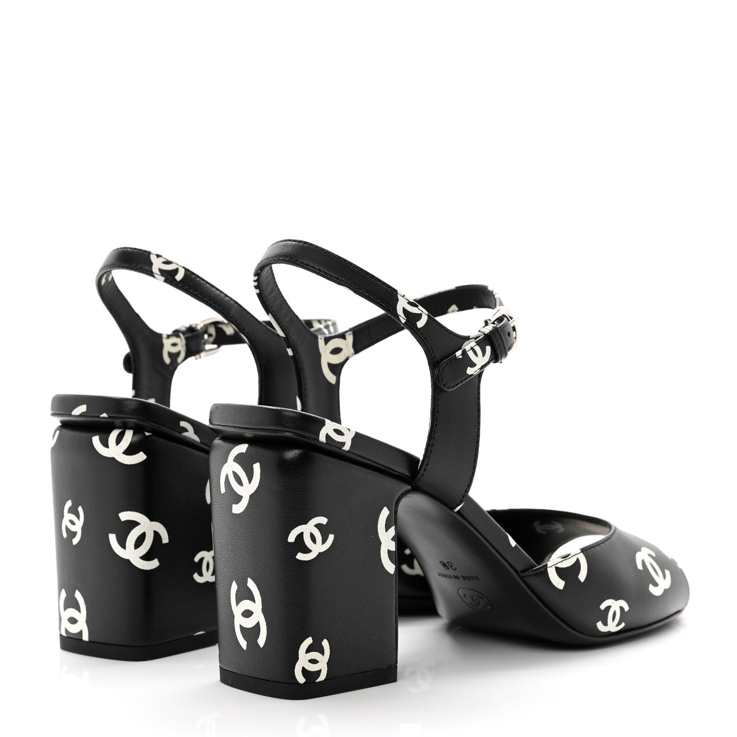 Printed Lambskin CC Sandals 38 Black White