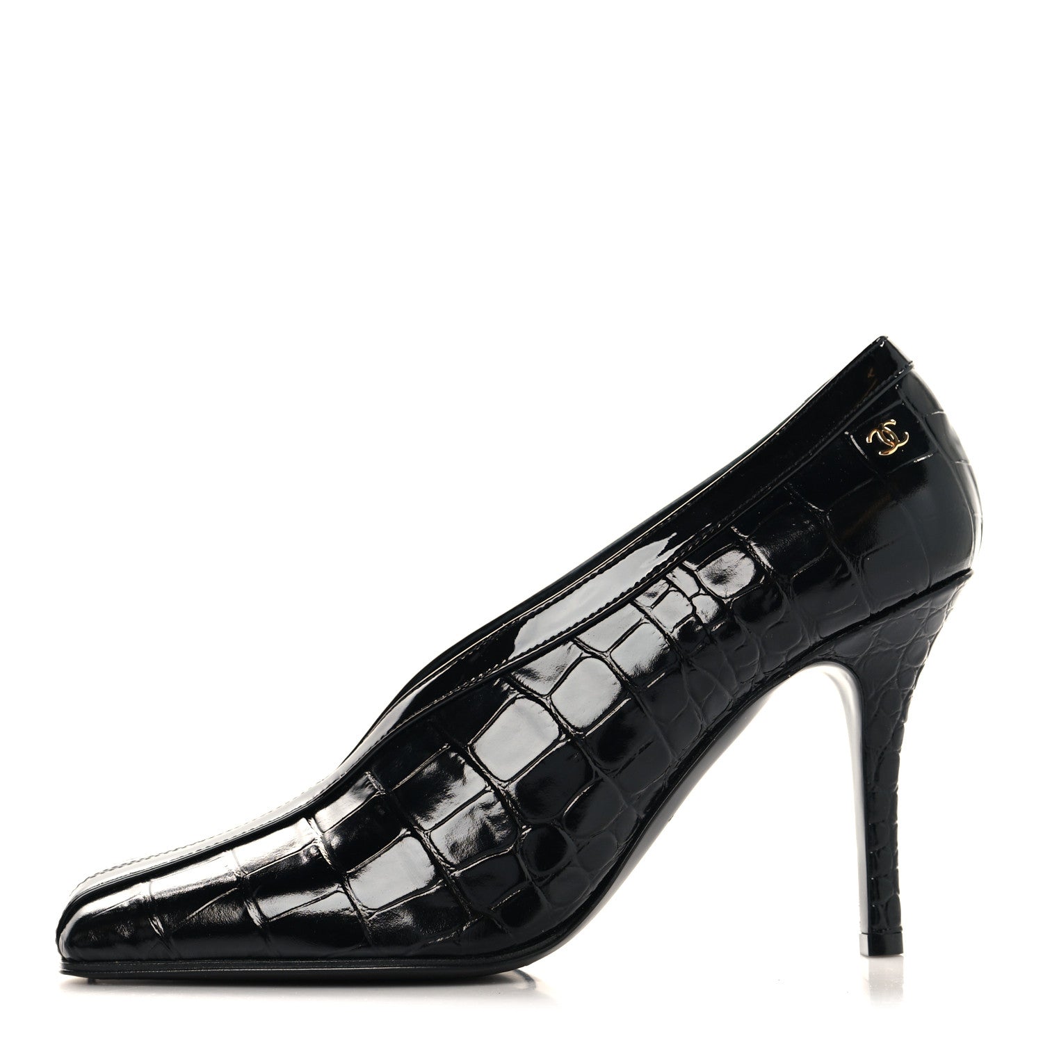 Chanel Crocodile Embossed Patent Calfskin Pumps 38 Black 1 of 9