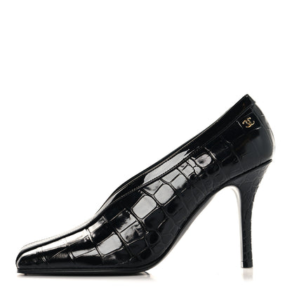 Chanel Crocodile Embossed Patent Calfskin Pumps 38 Black 1 of 9