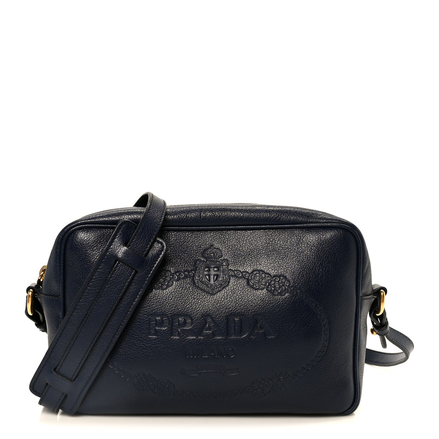 Prada Glace Calfskin Embossed Logo Camera Bag Navy Blue 1 of 12