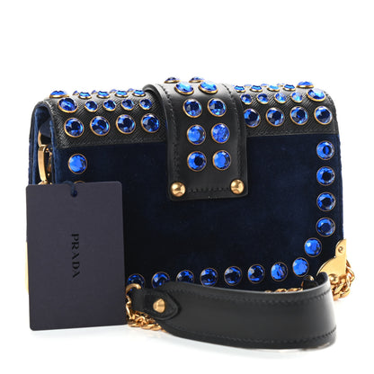 Prada Velvet City Calf Saffiano Crystal Cahier Shoulder Bag Zaffiro Black 3 of 8
