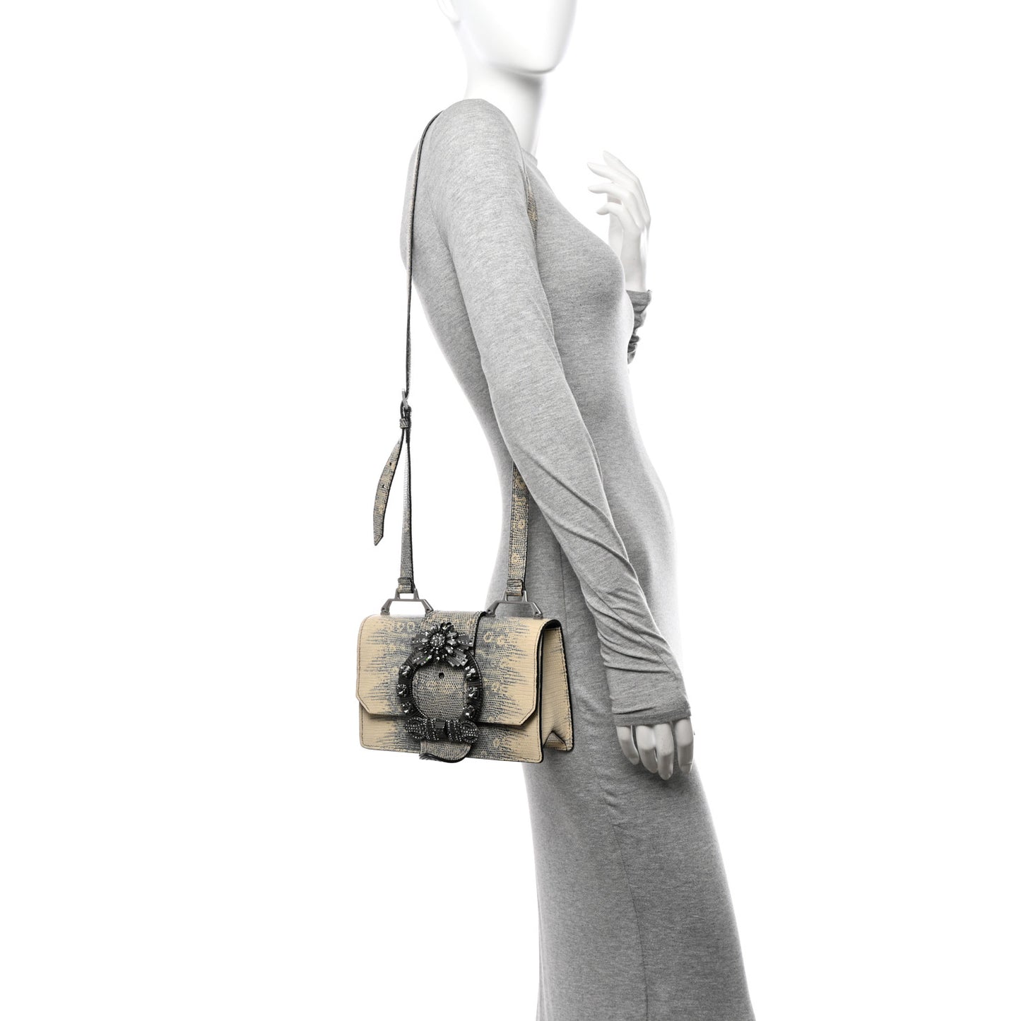 Lizard Embossed Calfskin Studded Jewel Buckle Crossbody Bag Roccia