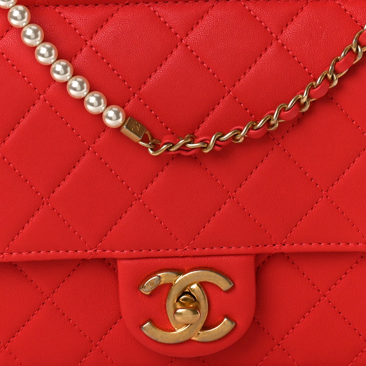 Lambskin Quilted Large Pearl Chain Flap Bag Red