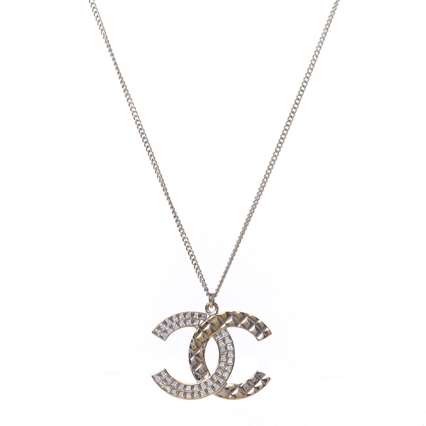 Baguette Crystal Quilted CC Pendant Necklace Gold