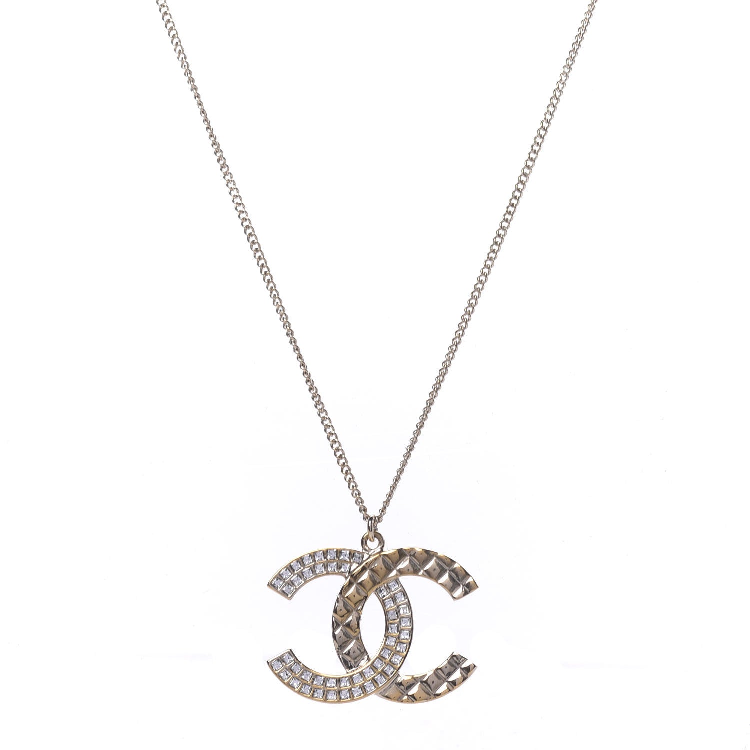 Chanel Baguette Crystal Quilted CC Pendant Necklace Gold 1 of 6