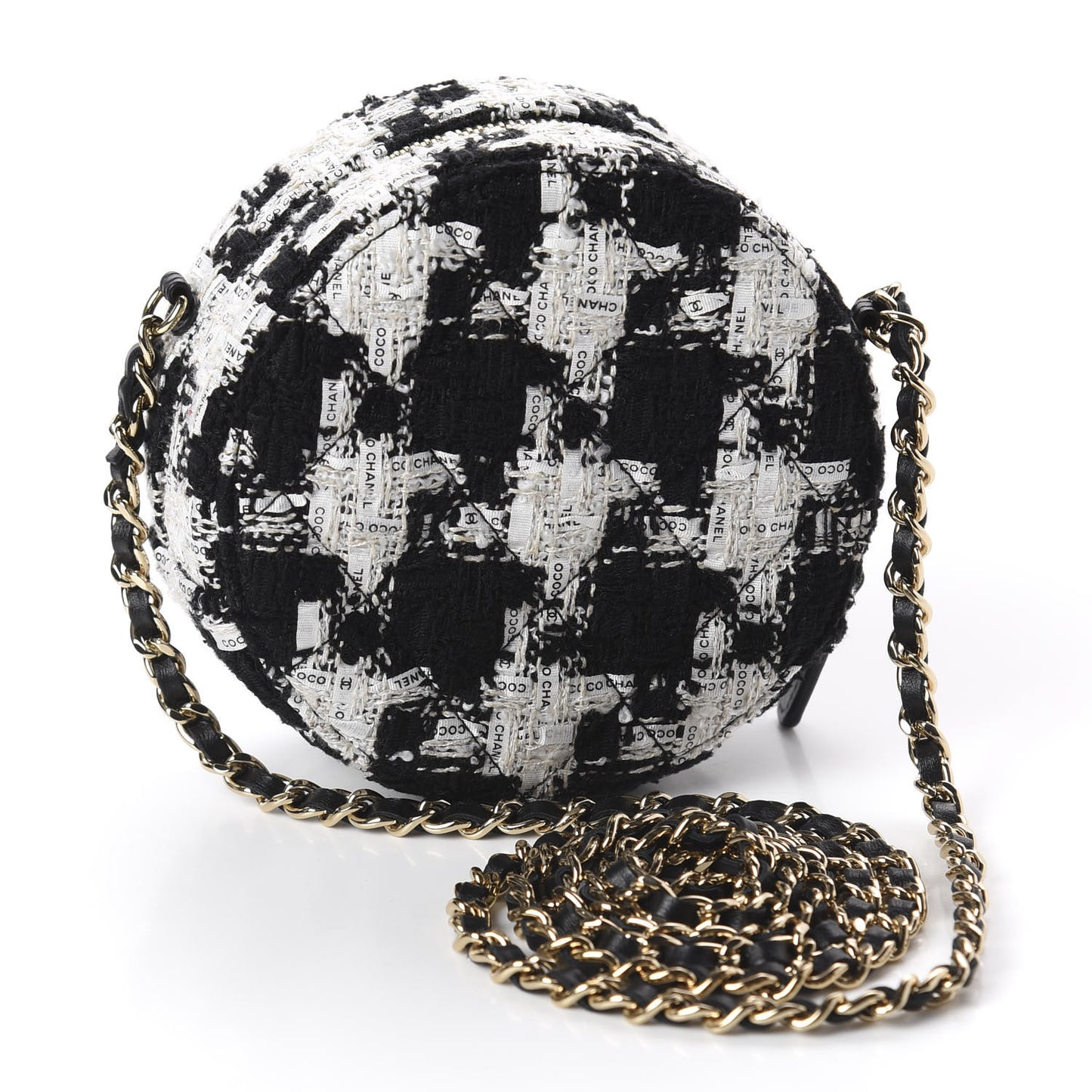 Tweed Quilted Round Clutch With Chain Black Ecru White