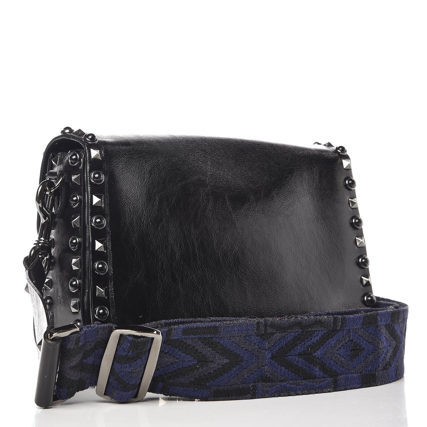 Craquele Calfskin Medium Guitar Strap Rockstud Rolling Flap Saddle Bag Black