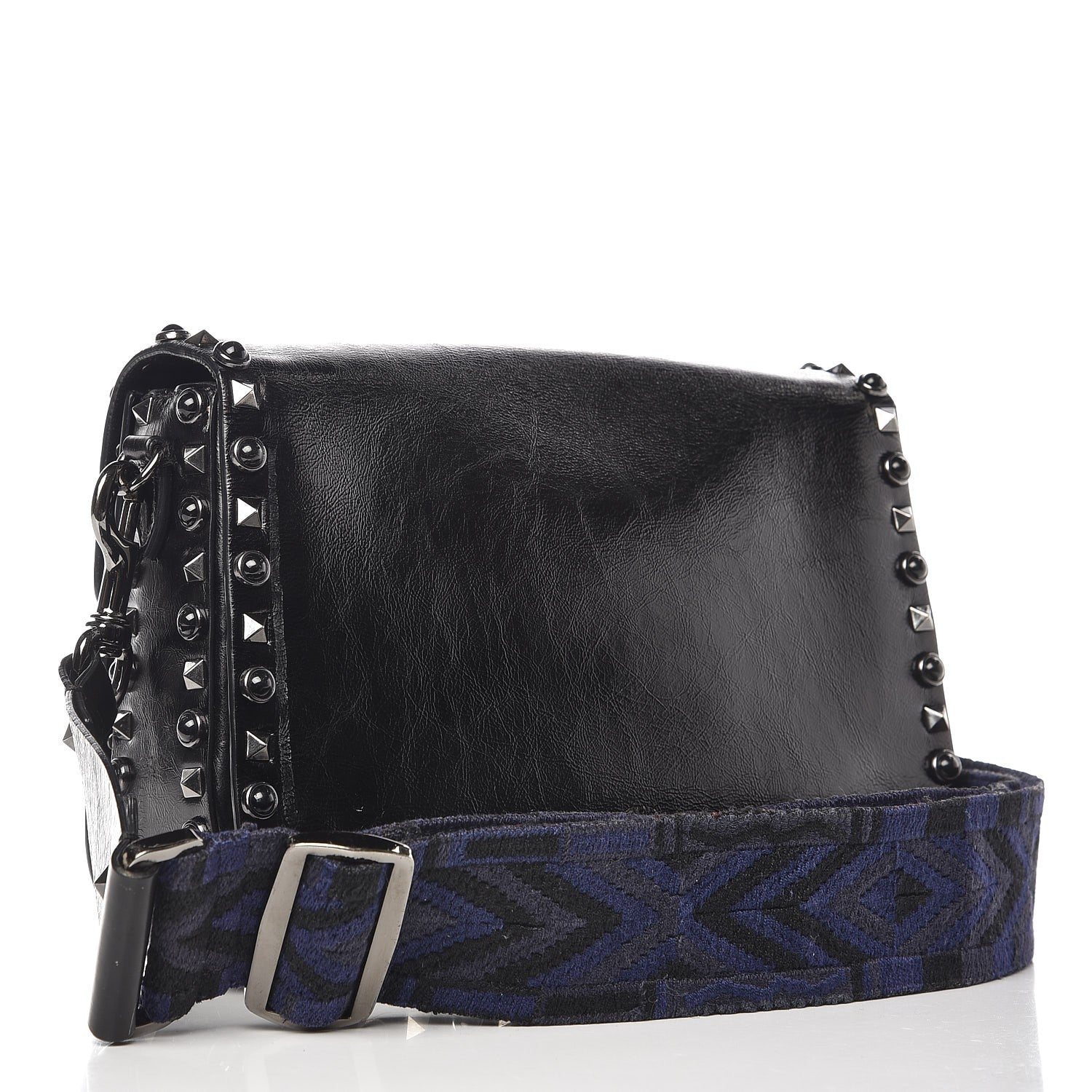 Valentino Garavani Craquele Calfskin Medium Guitar Strap Rockstud Rolling Flap Saddle Bag Black 3 of 9
