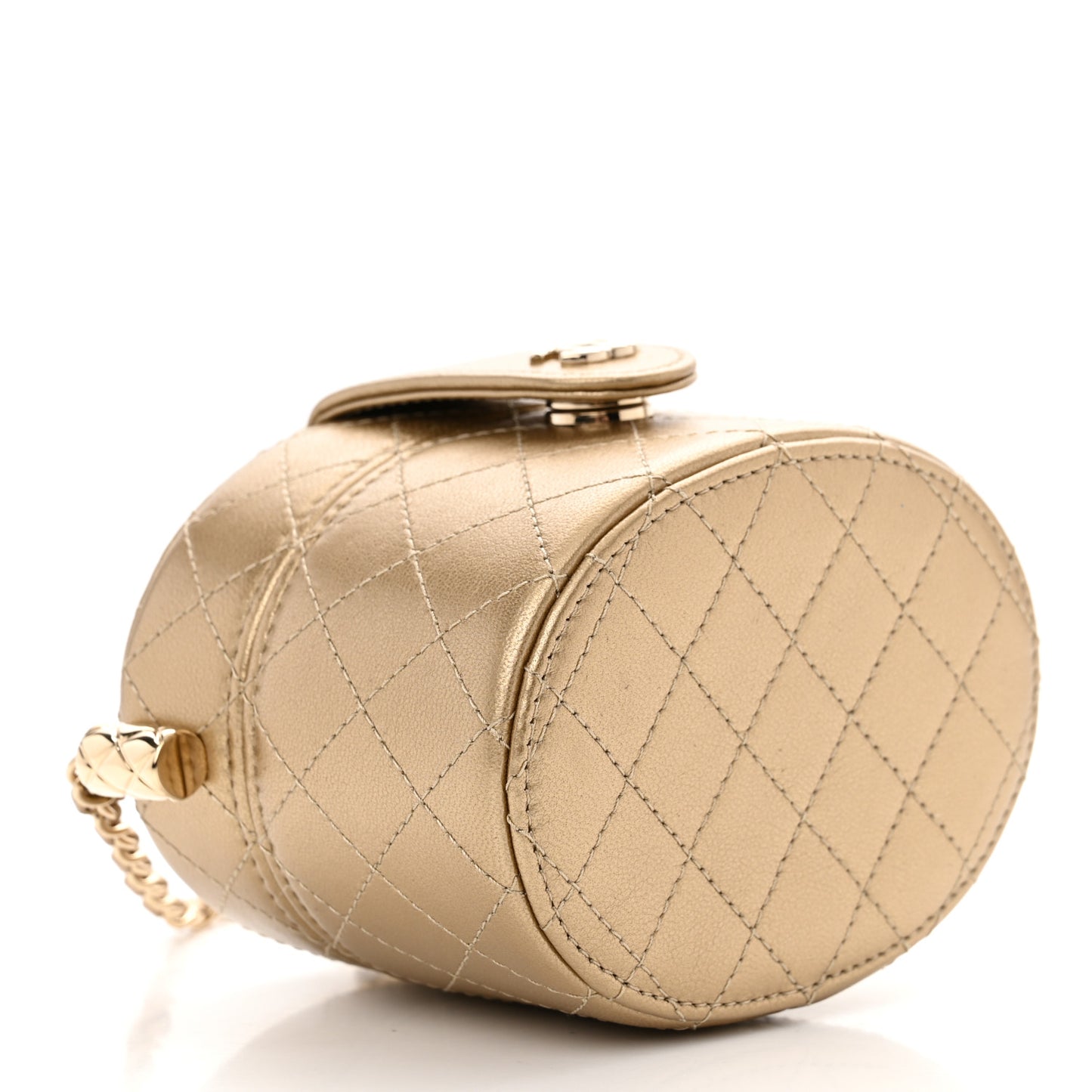 Metallic Lambskin Quilted Round Mini Vanity Case With Chain Gold