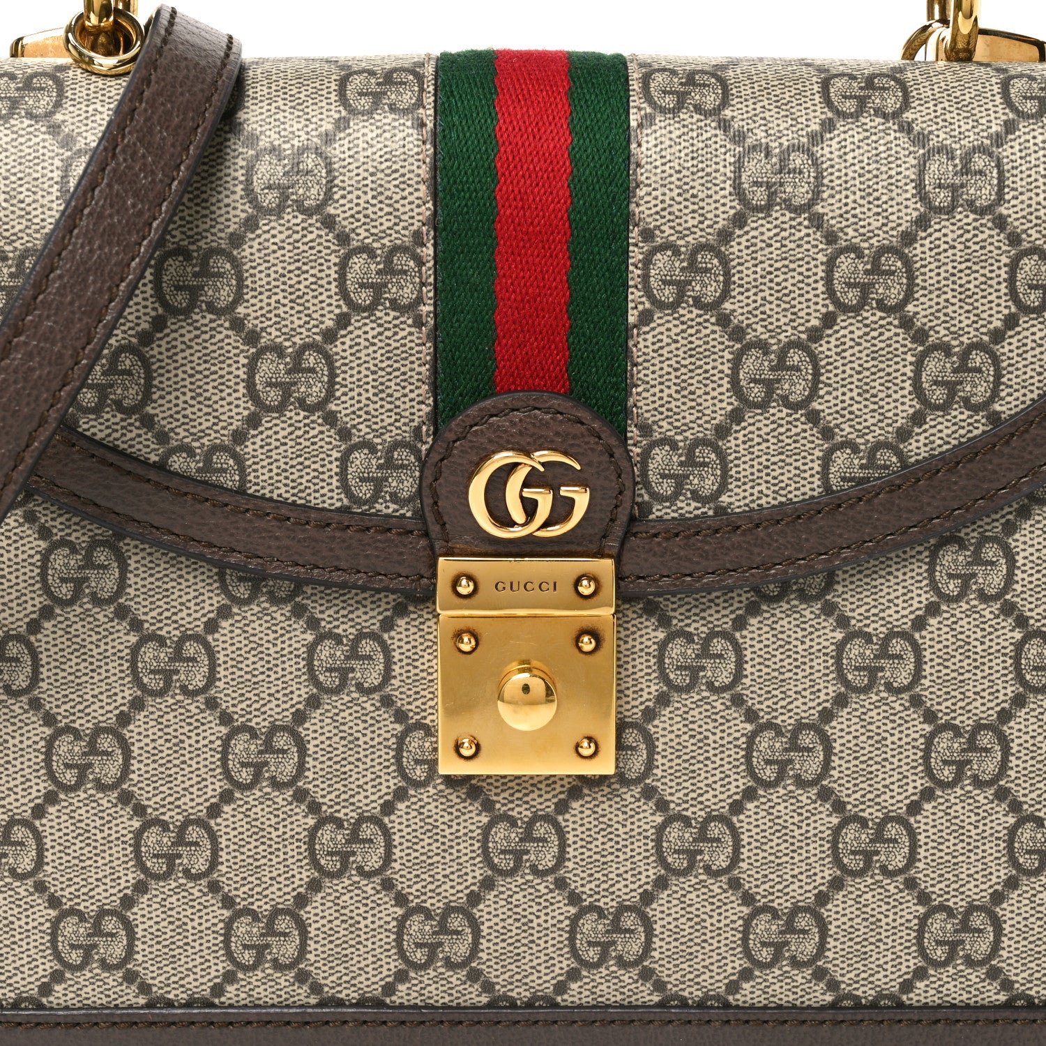 Gucci GG Supreme Monogram Textured Dollar Calfskin Web Small Ophidia Padlock Top Handle Bag Beige Ebony New Acero 8 of 11