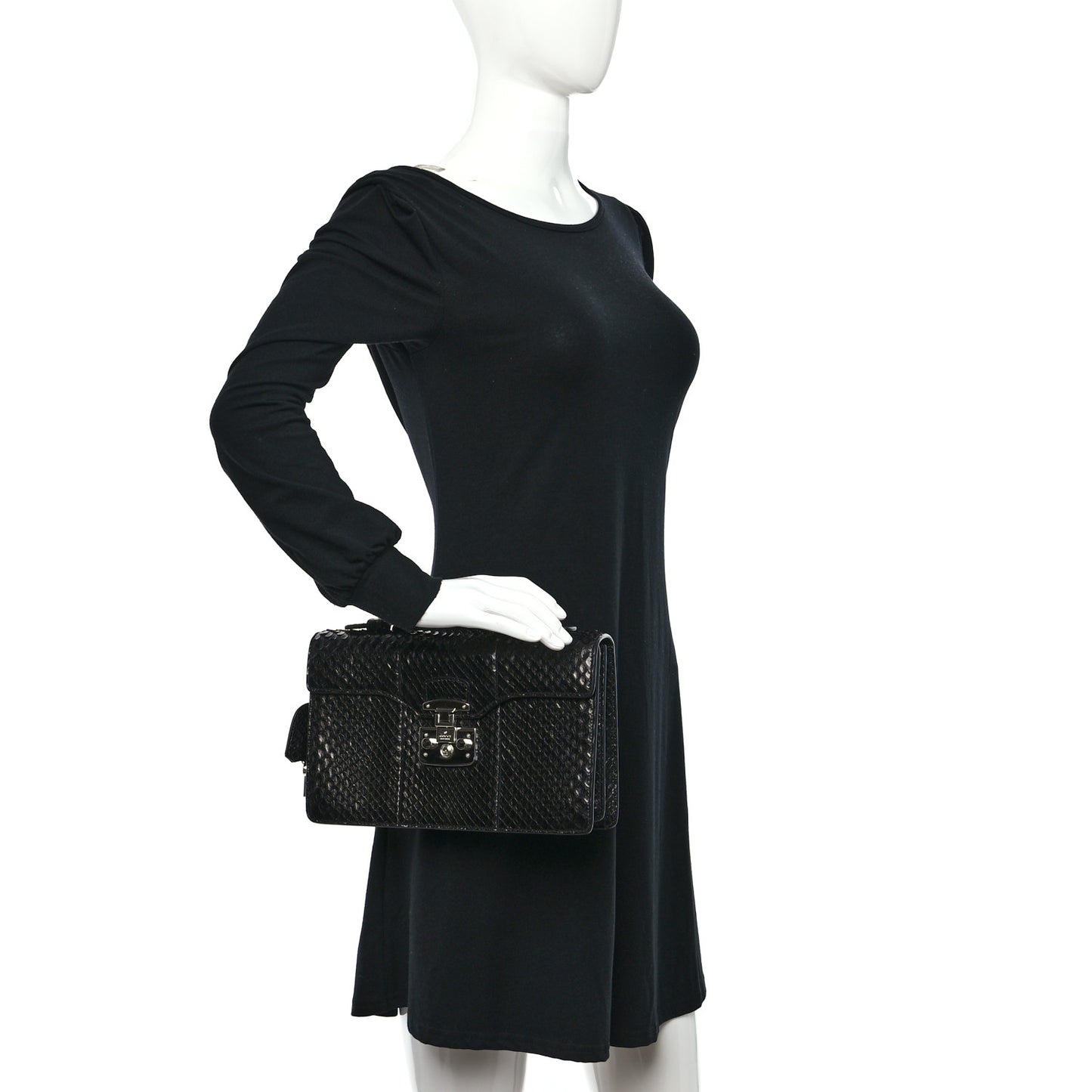 Snakeskin Small Lady Lock Briefcase Clutch Black
