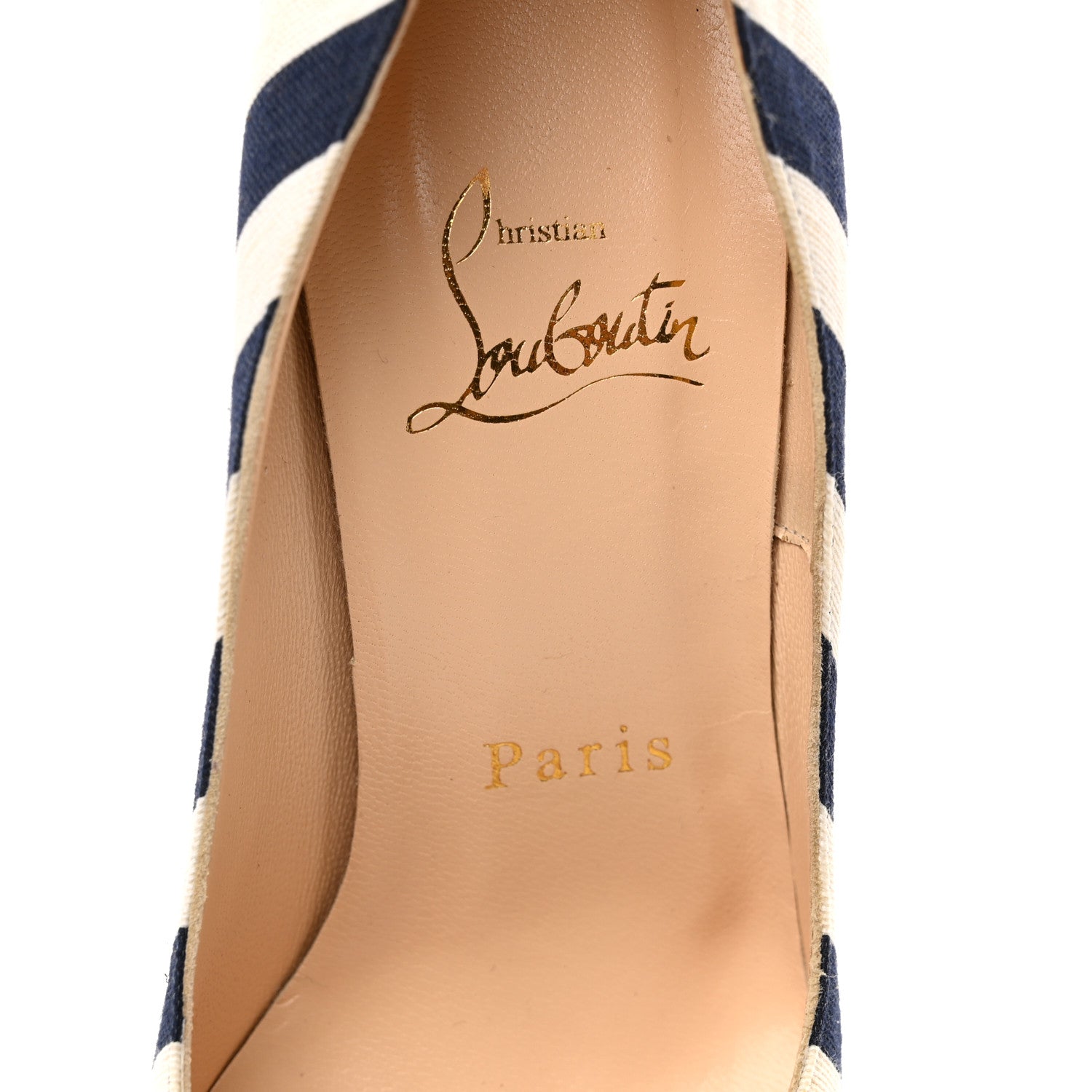 Christian Louboutin Canvas Striped Just Soon 85 Peep Toe Pumps 35.5 Navy White 8 of 9