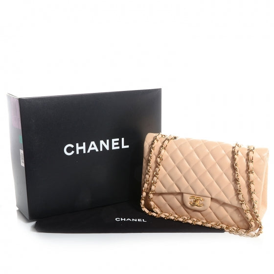 Lambskin Quilted Jumbo Single Flap Beige
