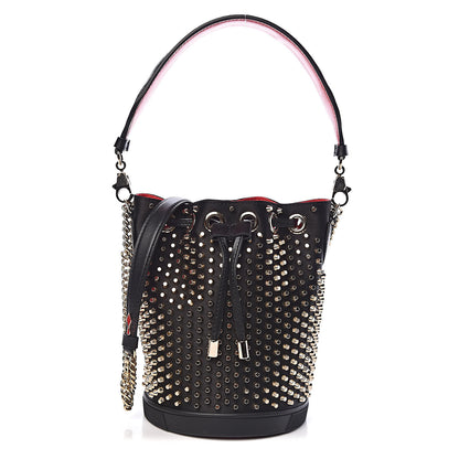 Christian Louboutin Silk Satin Calfskin Marie Jane Loubirun Studded Bucket Black Gold Platine 1 of 11
