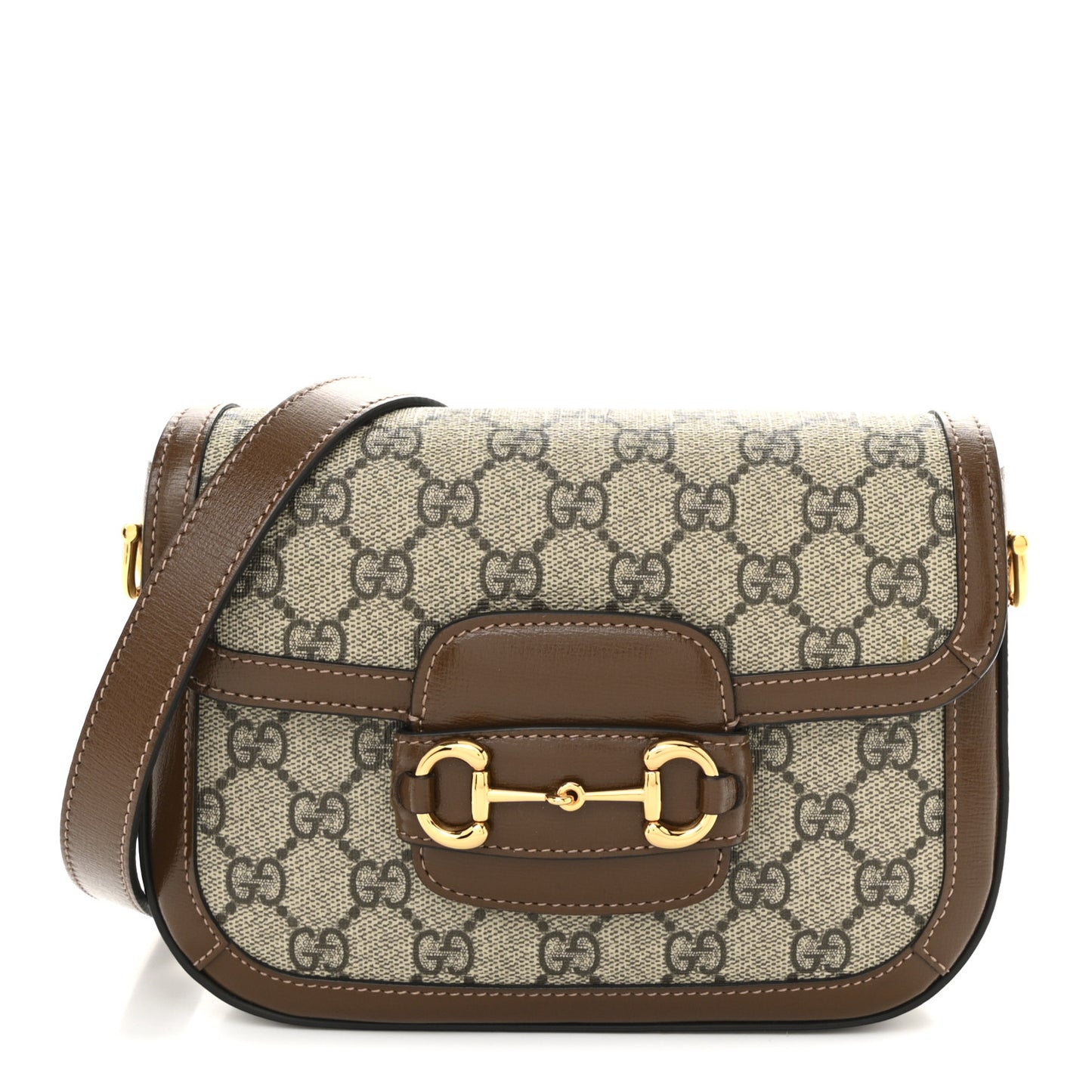 GG Supreme Monogram Azalea Calfskin Web Mini Horsebit 1955 Shoulder Bag Beige Ebony Brown Sugar