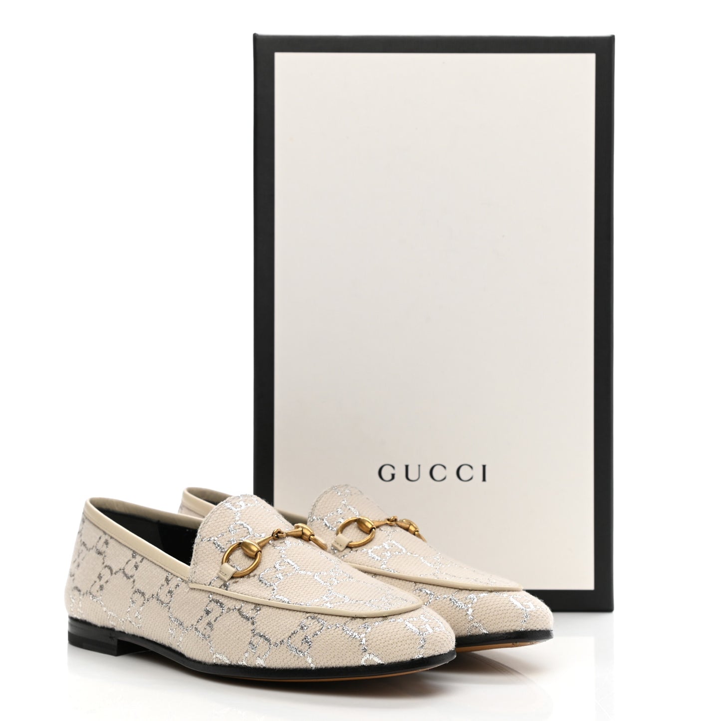 Canvas GG Monogram Horsebit Womens Jordaan Loafers 36 Gardenia Silver
