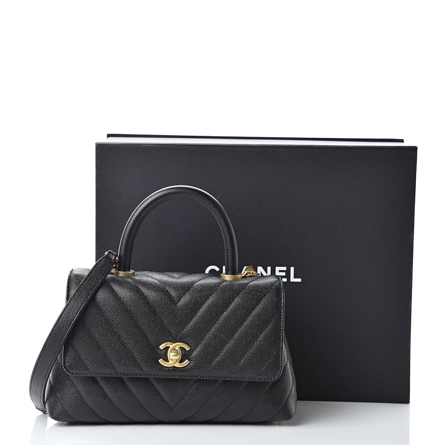Caviar Chevron Quilted Mini Coco Handle Flap Black