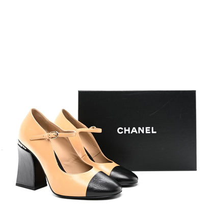 Chanel Shiny Goatskin Pearls Cap Toe Open Slingback Pumps 39 Beige Black 9 of 9