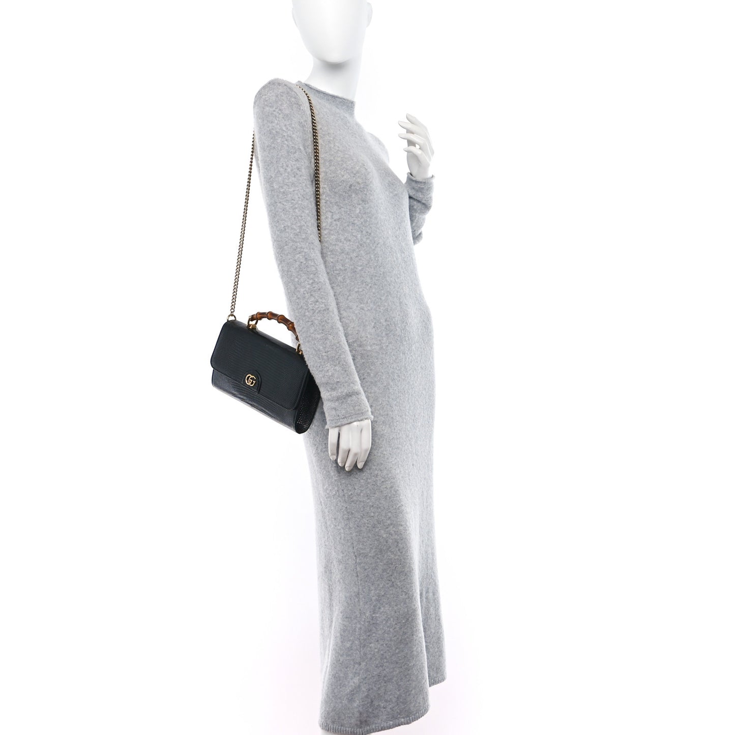 Calfskin Lizard Embossed Mini Diana Bamboo Top Handle Chain Bag Black