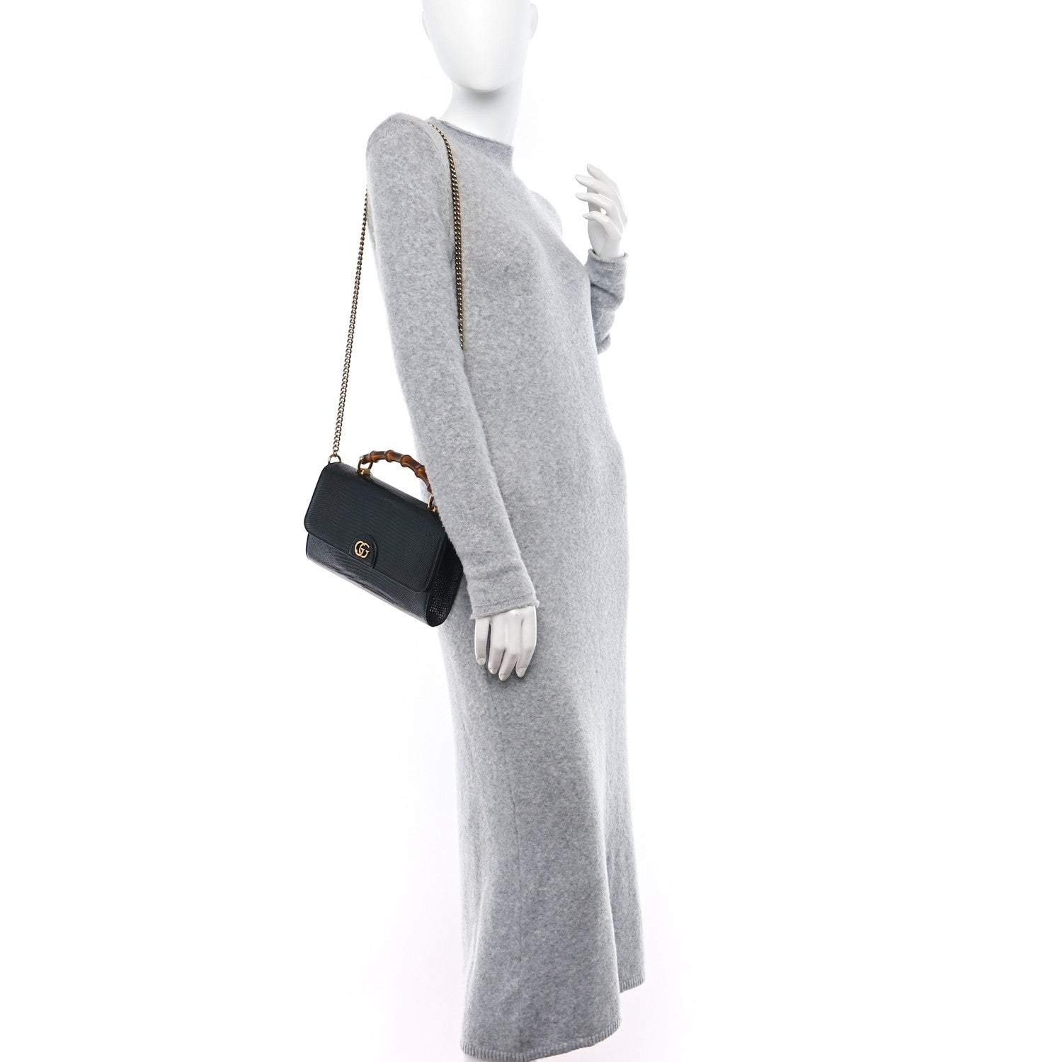 Gucci Calfskin Lizard Embossed Mini Diana Bamboo Top Handle Chain Bag Black 2 of 10
