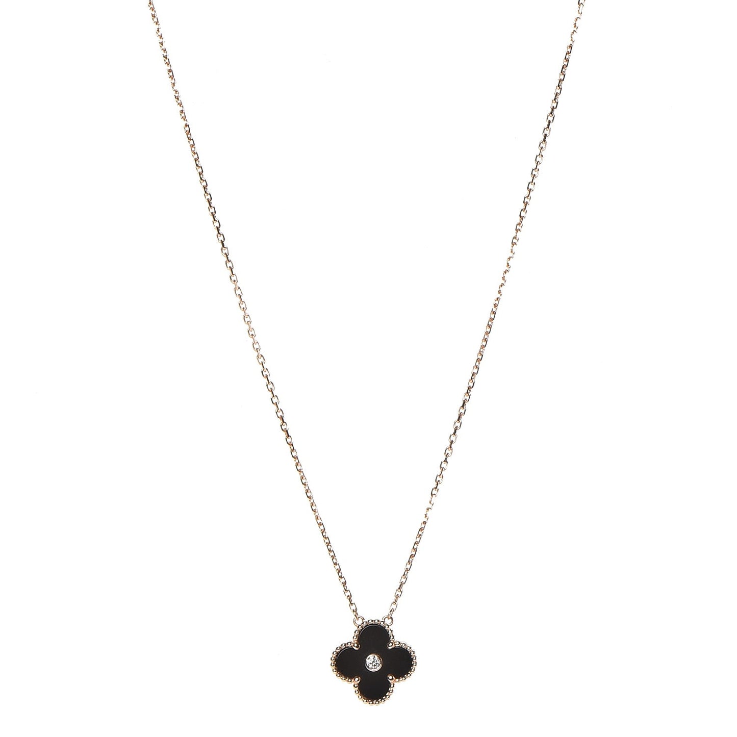 18K Rose Gold Diamond Black Onyx Vintage Alhambra Pendant Necklace