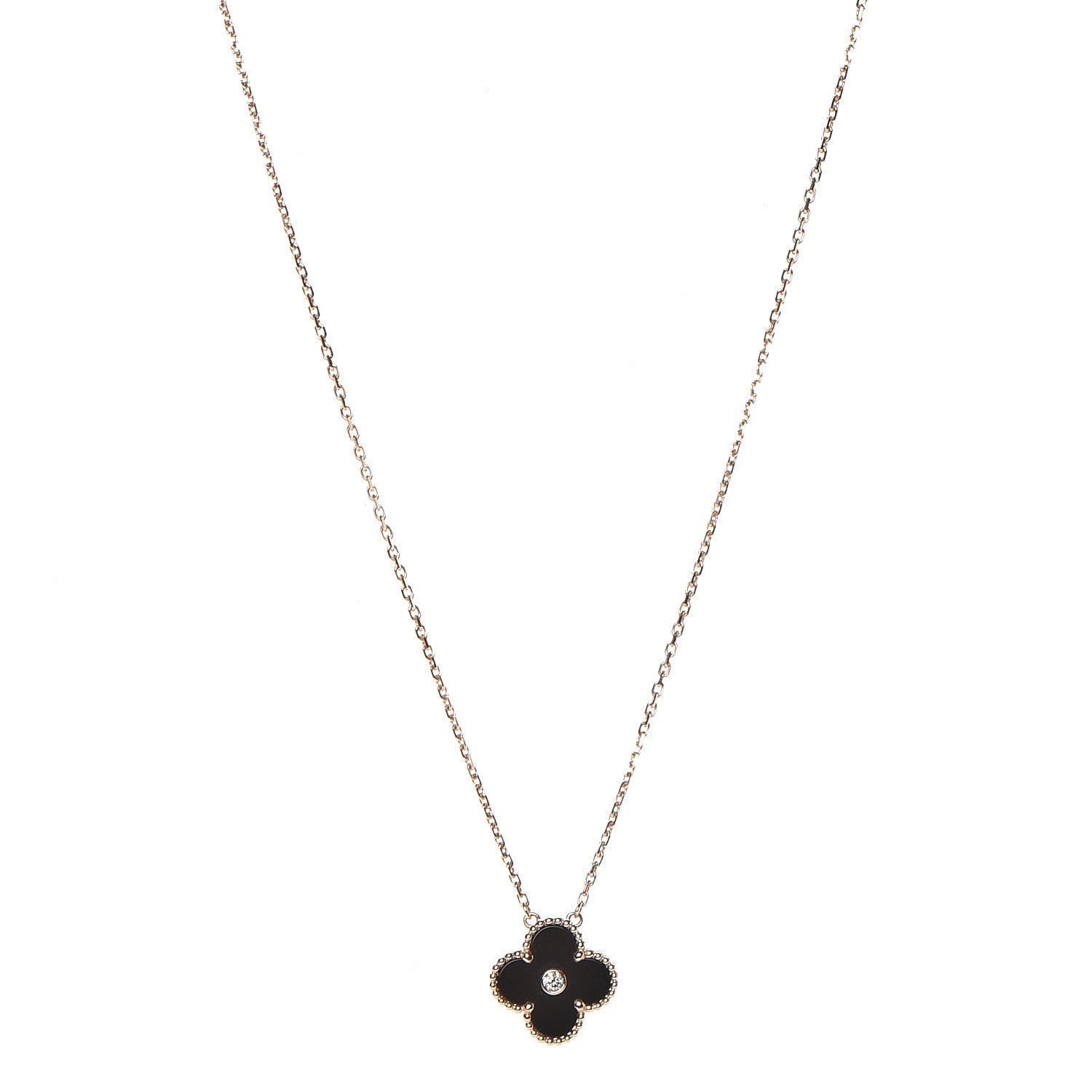 Van Cleef & Arpels 18K Rose Gold Diamond Black Onyx Vintage Alhambra Pendant Necklace 1 of 8