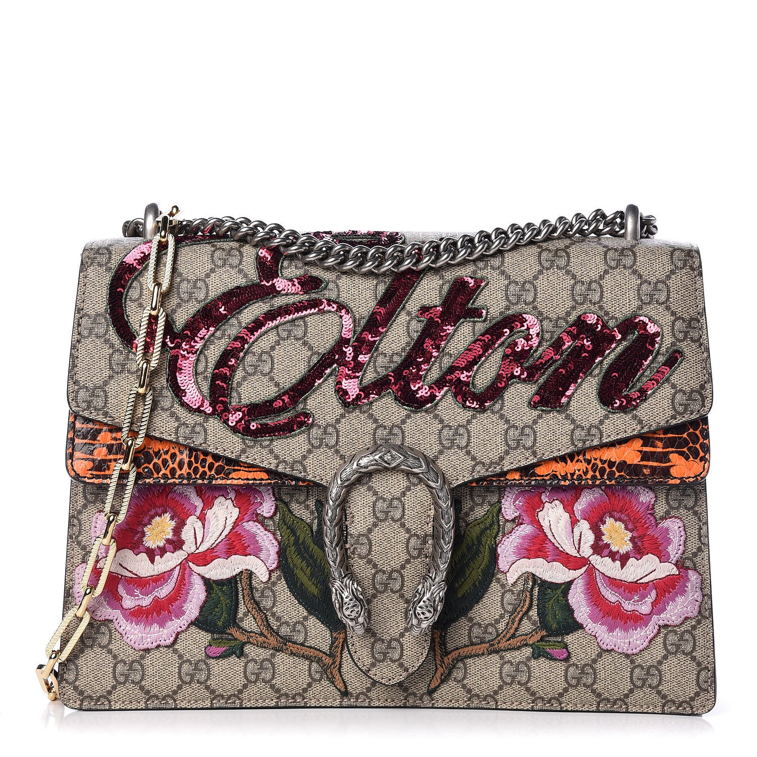 Gucci GG Supreme Monogram Snakeskin Elton Embroidered Medium Dionysus Shoulder Bag Beige Orange 1 of 12