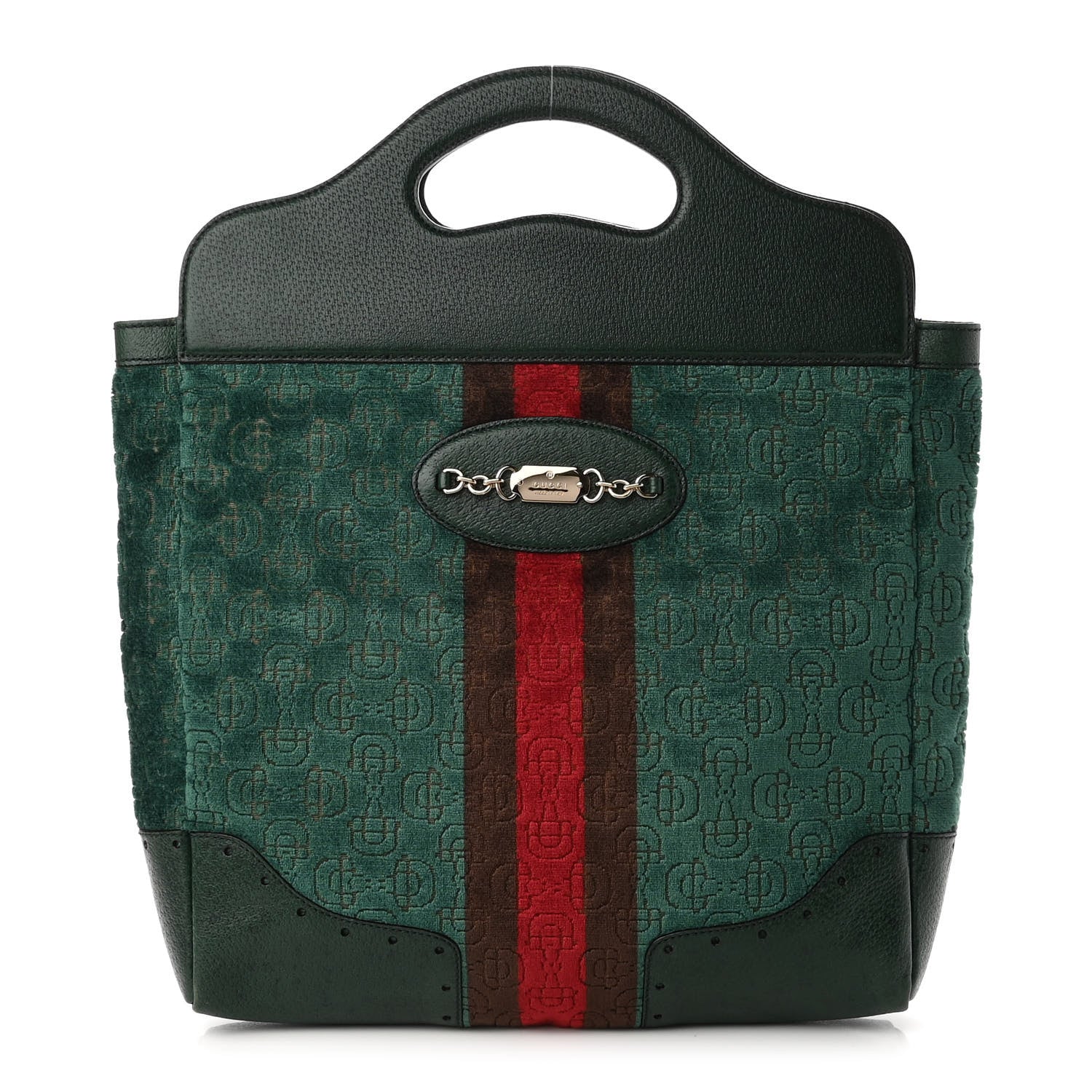 Gucci Velvet Horsebit Embossed Large Punch Top Handle Tote Green 1 of 9