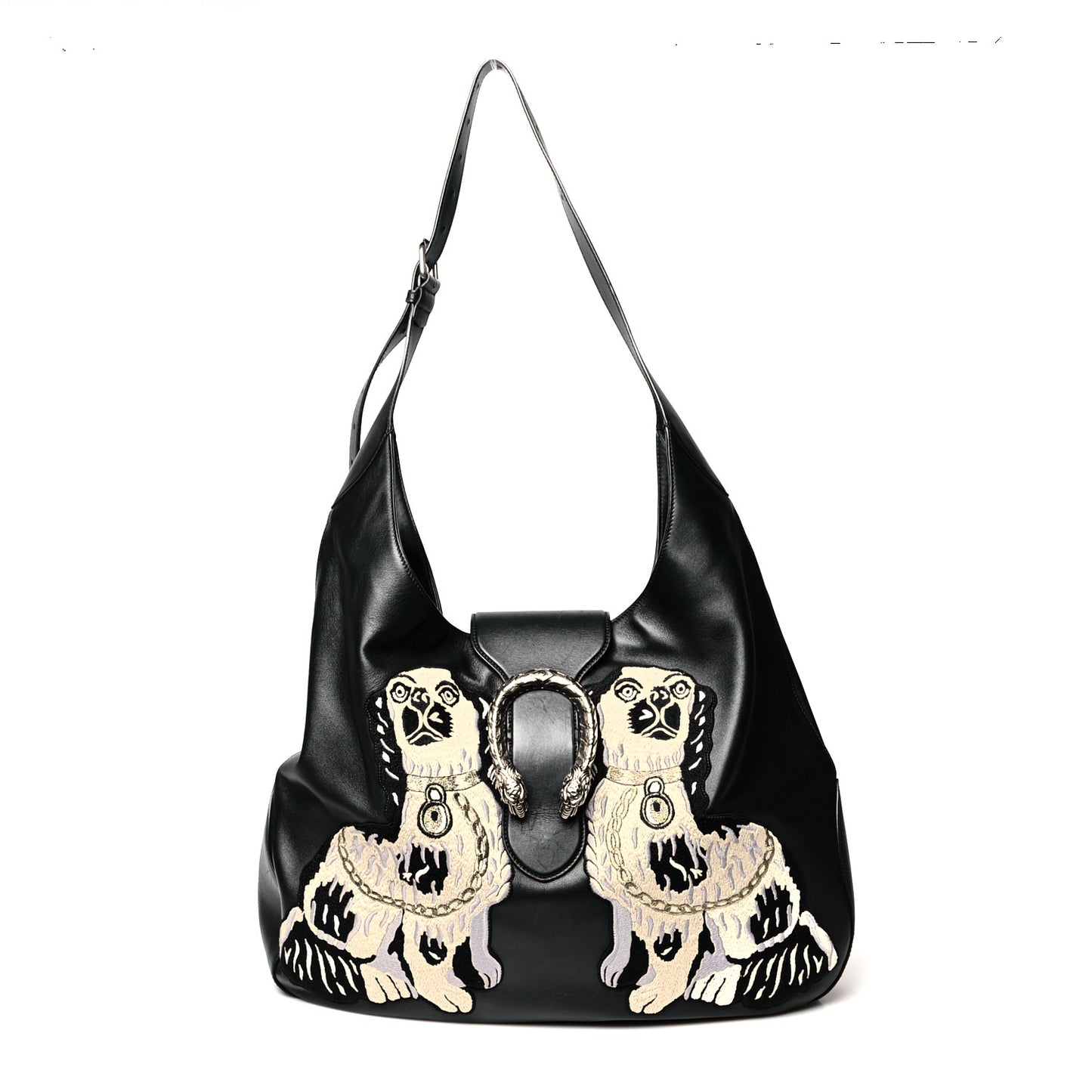 Calfskin Dog Embroidered Extra Large Dionysus Hobo Black
