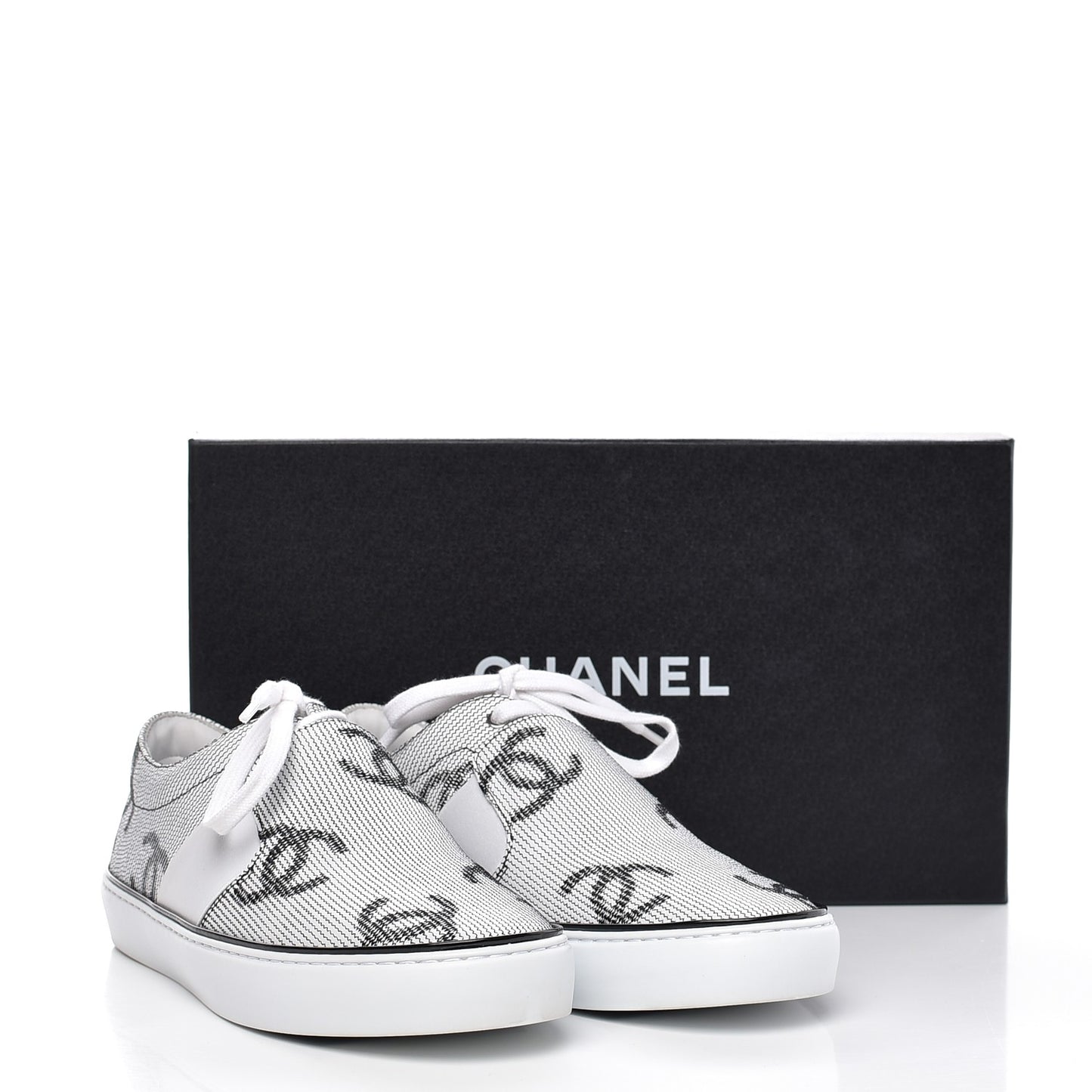 Embroidered Calfskin CC Sneakers 38.5 Black White
