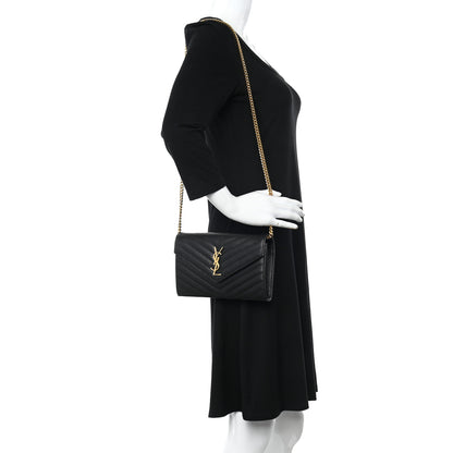 Saint Laurent Grain De Poudre Matelasse Chevron Monogram Chain Wallet Black 2 of 11