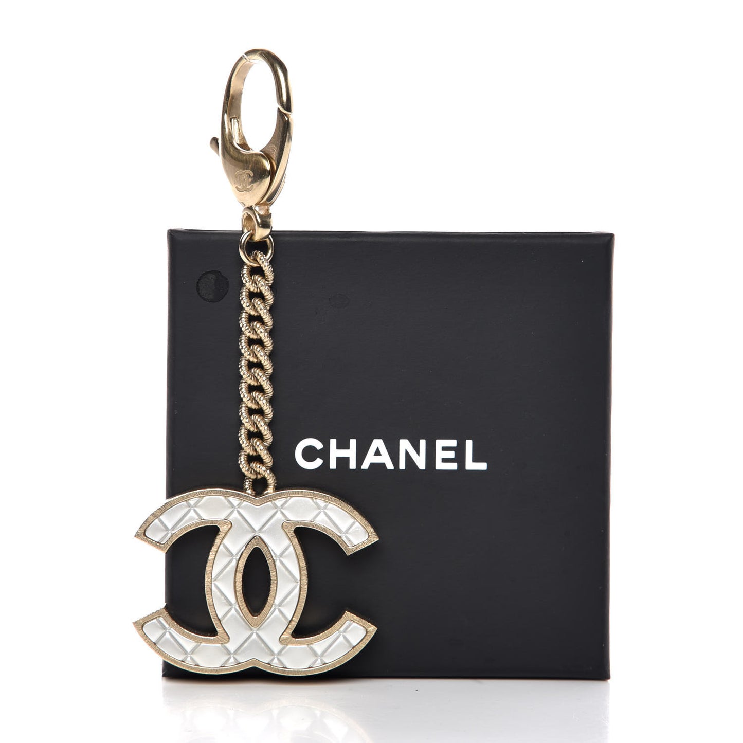 Metal Quilted CC Bag Charm Gold Pearly White