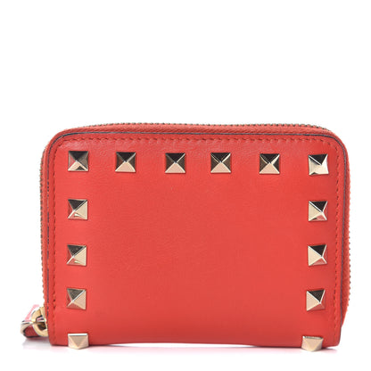 Valentino Garavani Calfskin Rockstud Zip Around Coin Case Card Holder Deep Orange 1 of 9