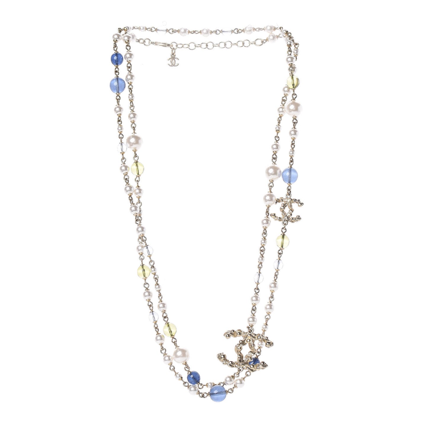 Pearl Glass Bead CC Long Necklace Blue Gold