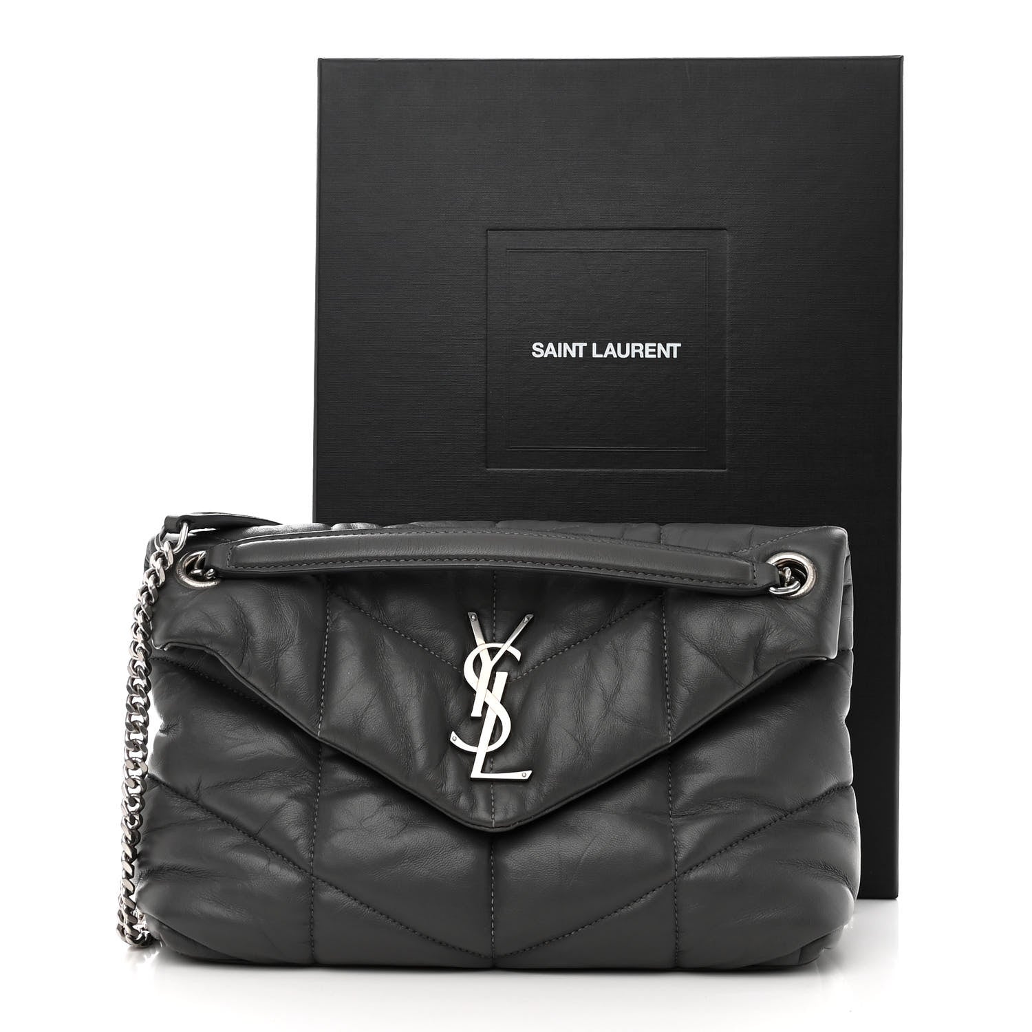Saint Laurent Lambskin Quilted Small Loulou Puffer Monogram Chain Satchel Concrete 16 of 16