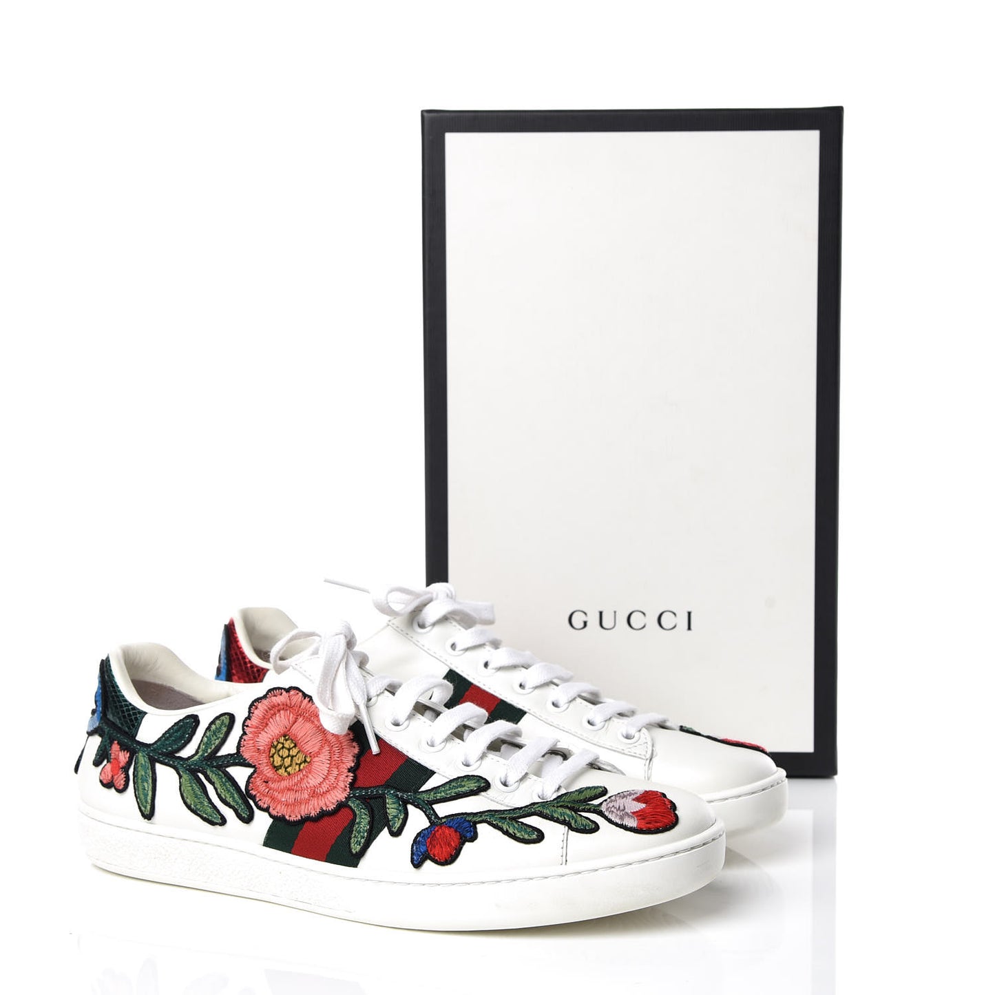 Calfskin Web Floral Embroidered Ace Sneakers 39 White