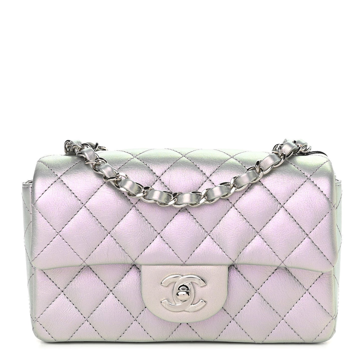 Iridescent Calfskin Quilted Mini Rectangular Flap Light Purple