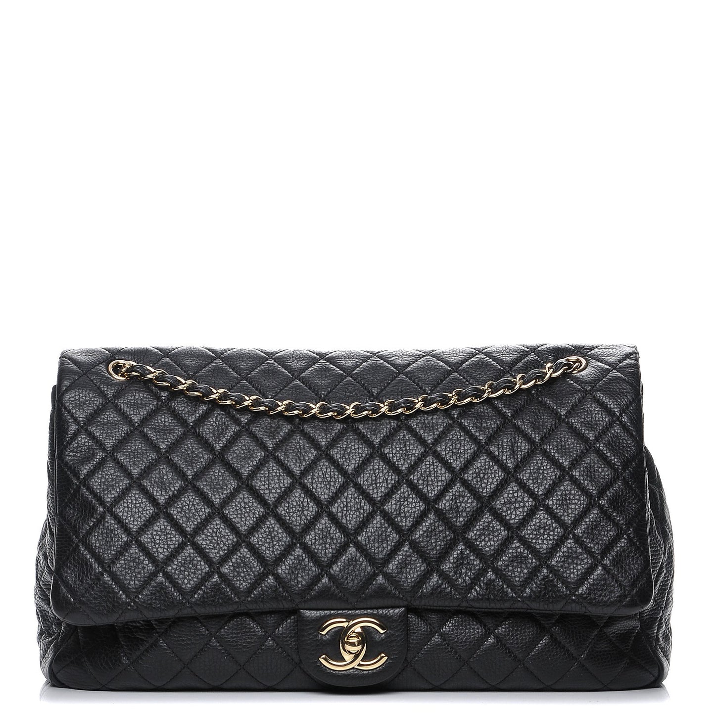 Calfskin Quilted XXL Travel Flap Bag Black