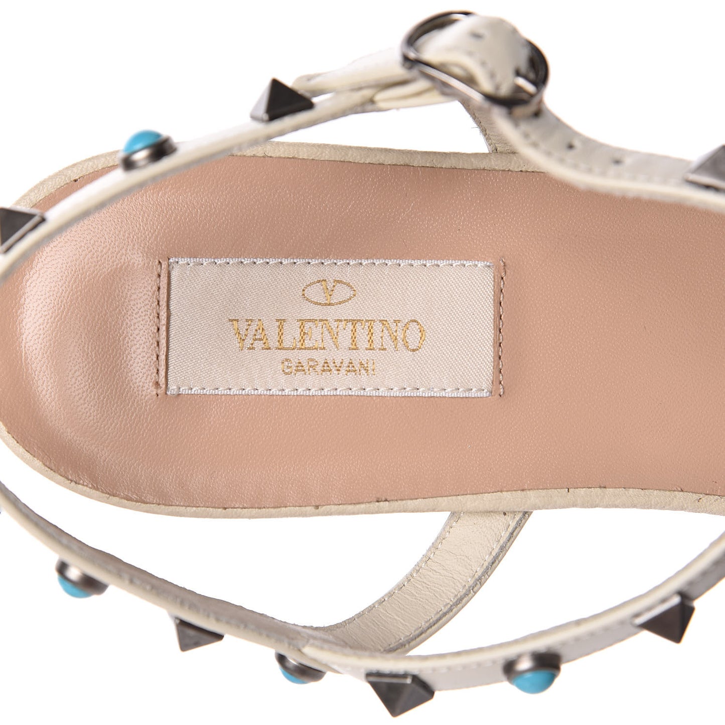 Calfskin Turquoise Rockstud Rolling Gladiator Flat Sandals 40 Light Ivory