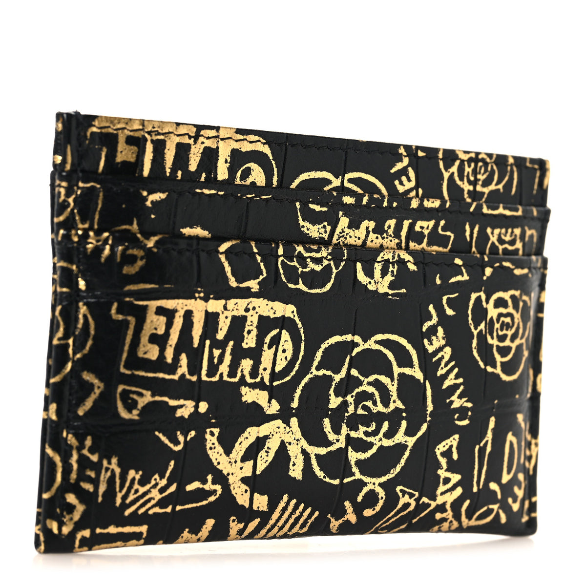 Calfskin Crocodile Embossed Graffiti 2.55 Cocodile Reissue Card Holder Black Gold