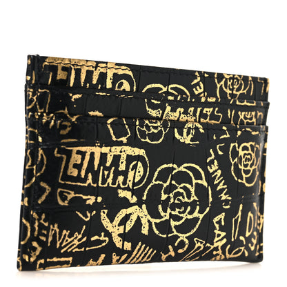 Chanel Calfskin Crocodile Embossed Graffiti 2.55 Cocodile Reissue Card Holder Black Gold 3 of 9