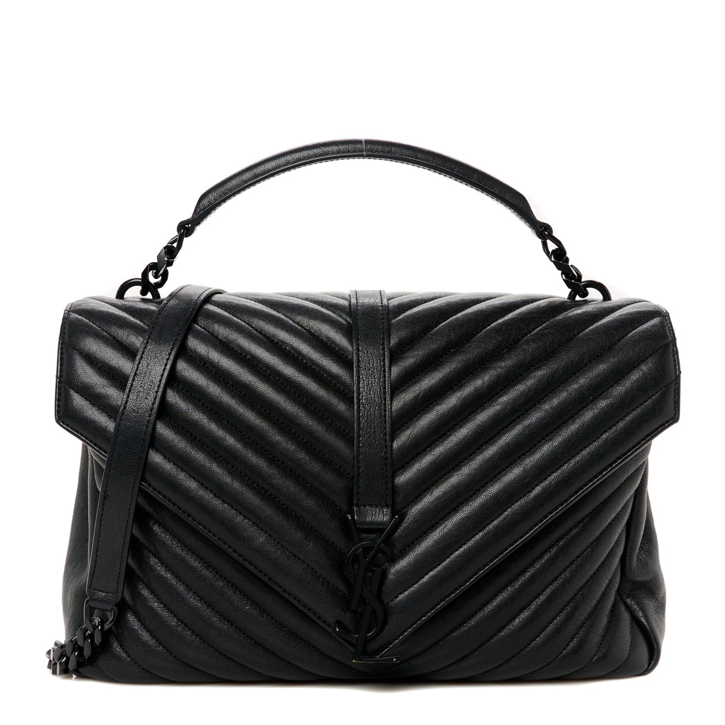 Sheepskin Matelasse Chevron Monogram Monochrome Large College Satchel Black