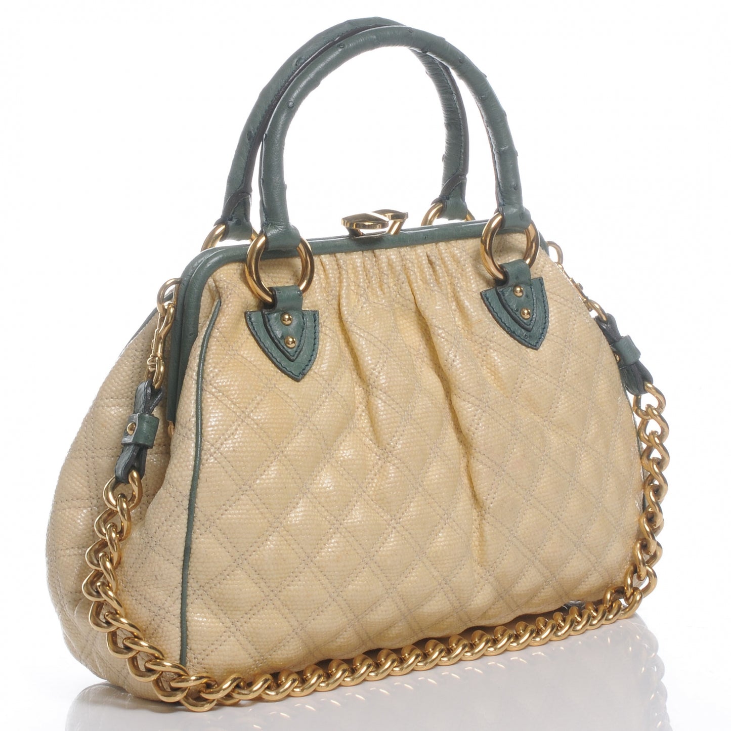 Quilted Leather Ostrich Trim Stam Tote Beige