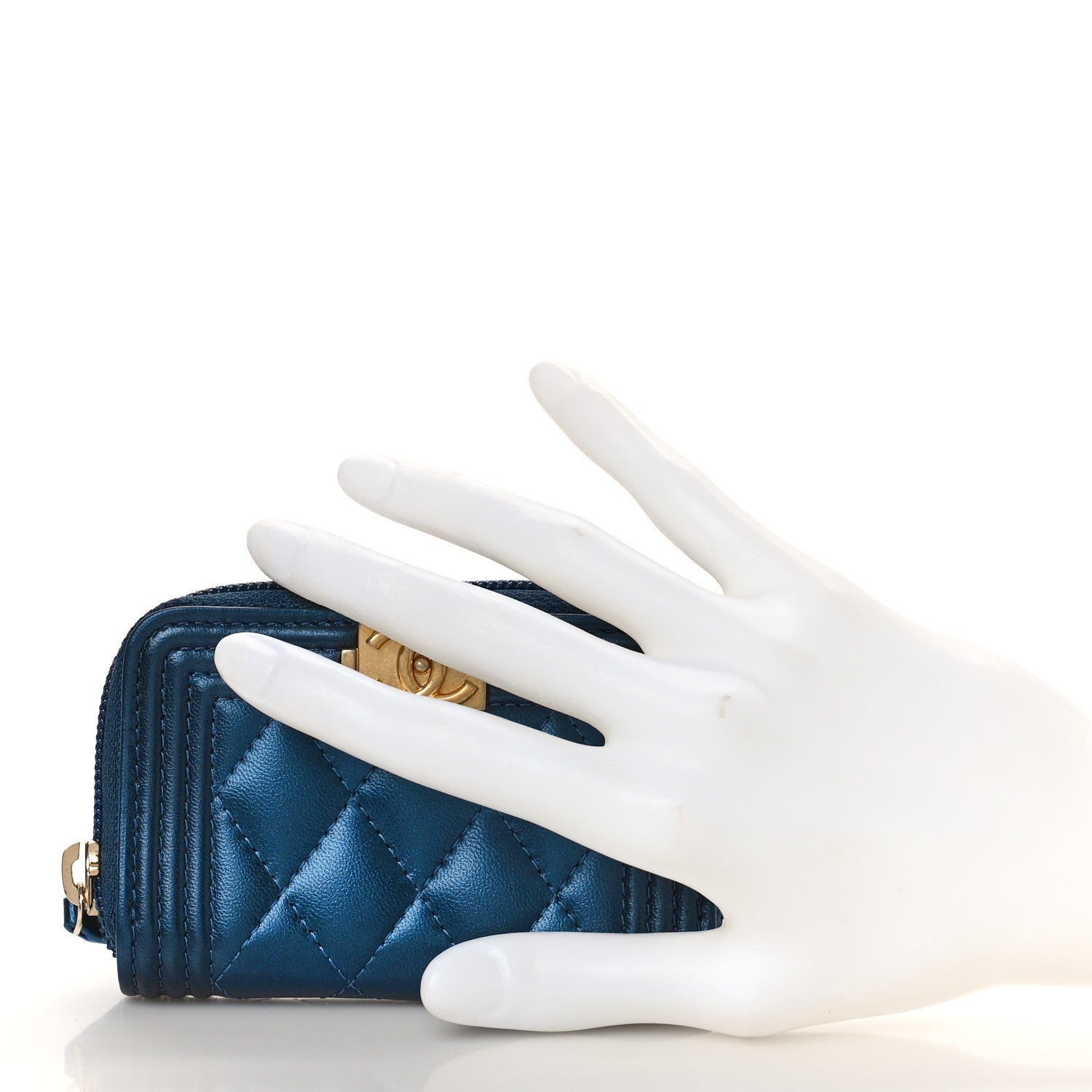 Chanel Metallic Lambskin Quilted Boy Zip Around Coin Purse Wallet Blue 2 of 9