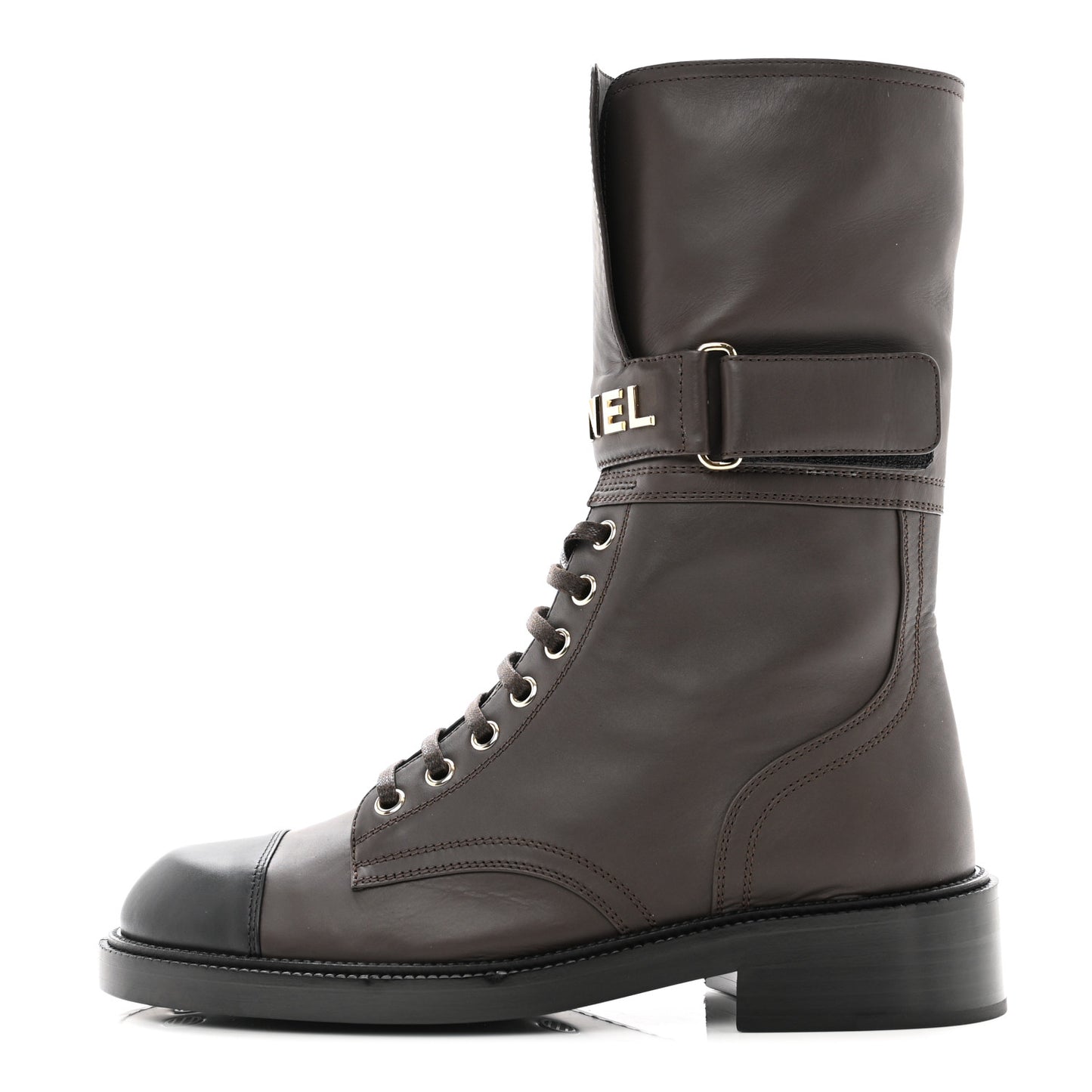 Shiny Calfskin Lace Up Combat Boots 38.5 Dark Brown Black