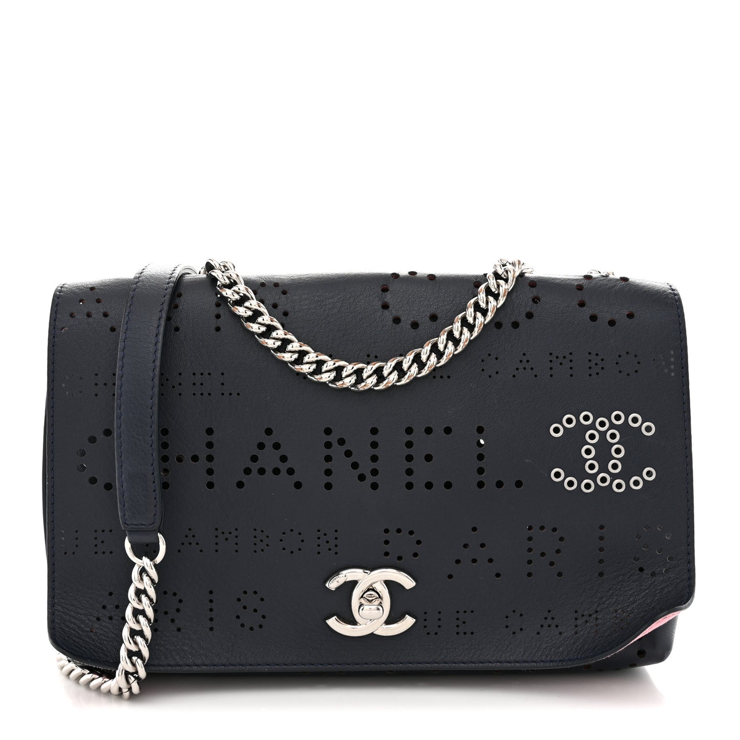 Calfskin Tweed Eyelet Flap Bag Navy