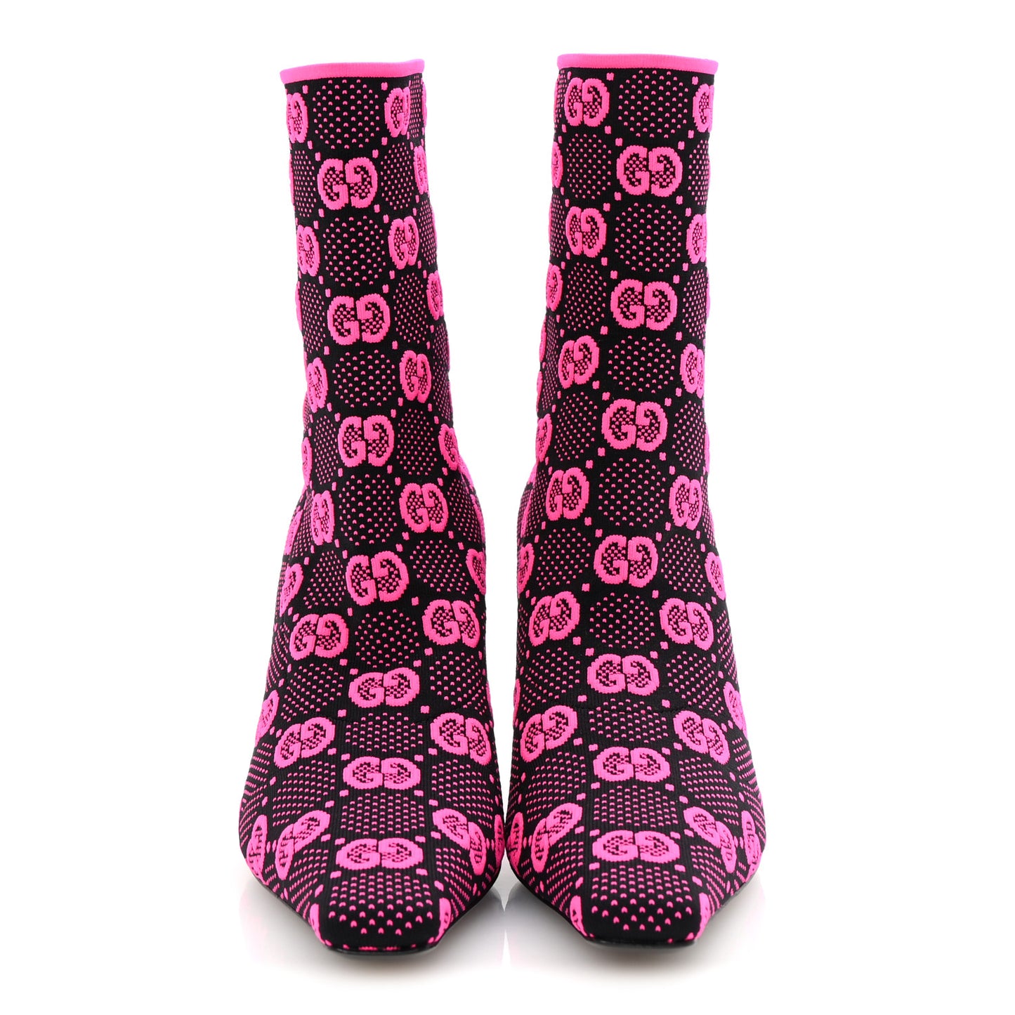 Technical Jersey Knit GG Monogram Square G 75mm Ankle Boots 38.5 Black Neon Fucsia