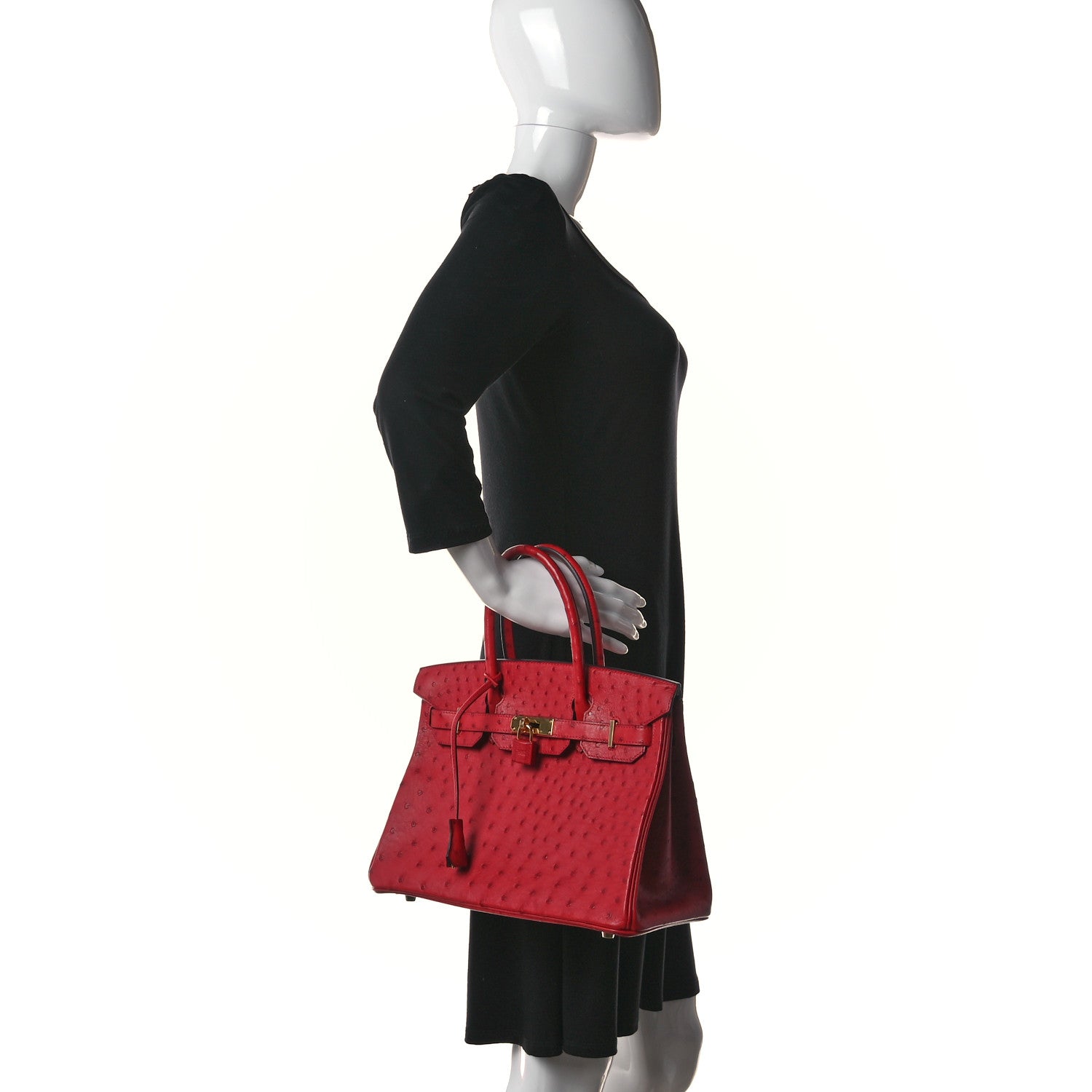 Hermes Ostrich Horseshoe Birkin 30 Rouge Vif Bleu Glacier 2 of 34